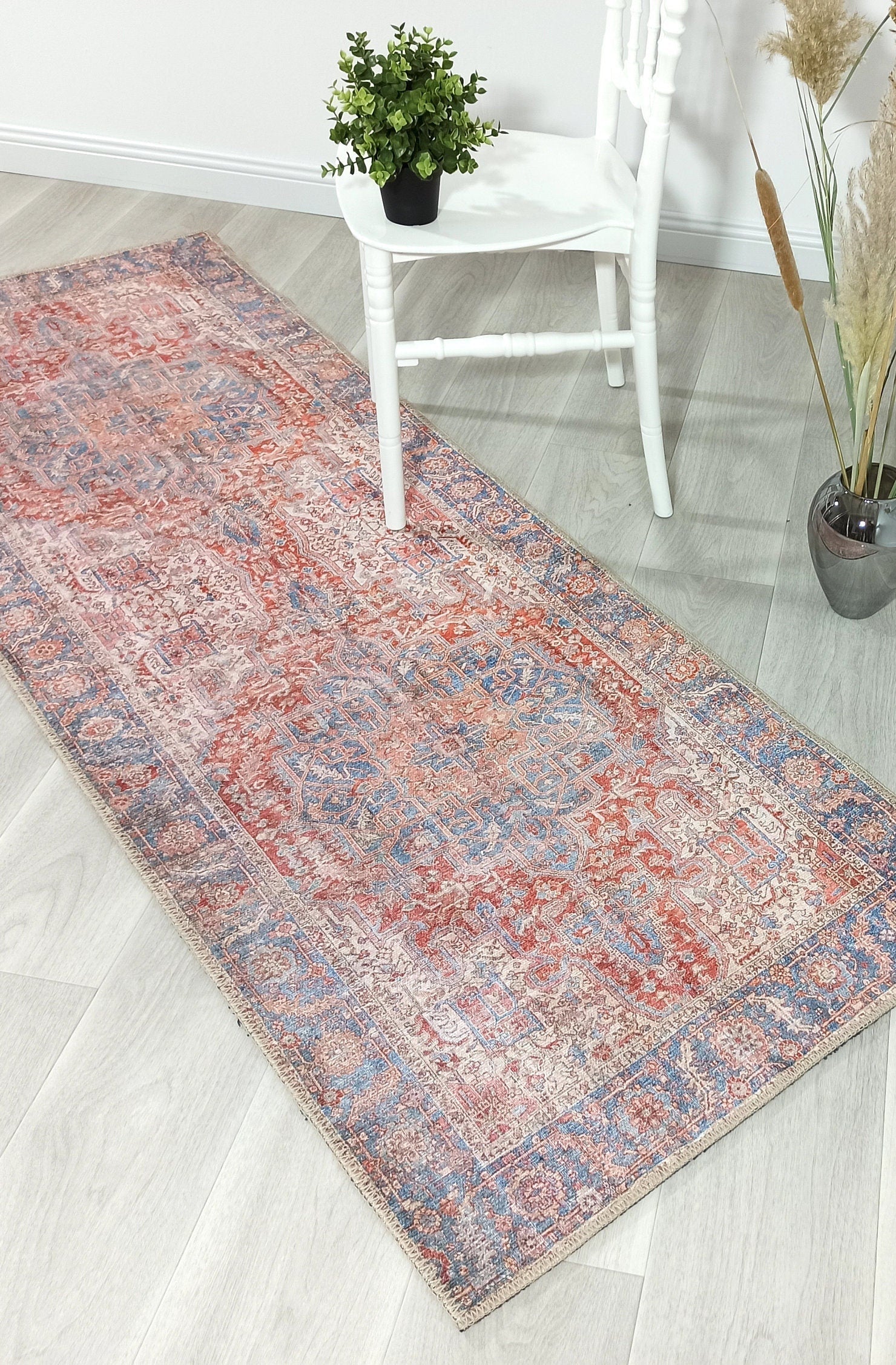 Valvia RugTurkish Terracotta Red Beige Sky Blue Rug