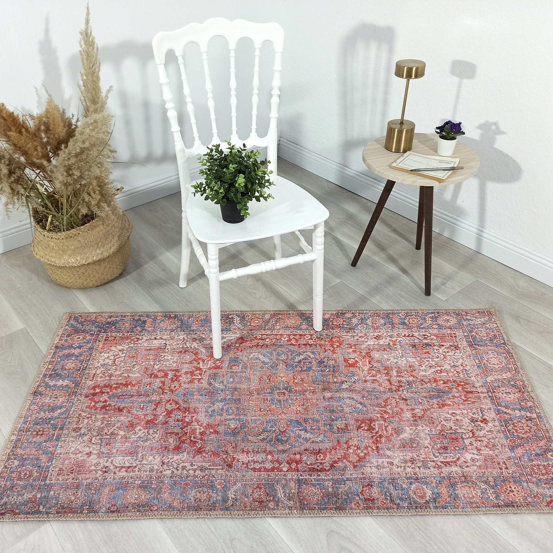 Valvia RugTurkish Terracotta Red Beige Sky Blue Rug