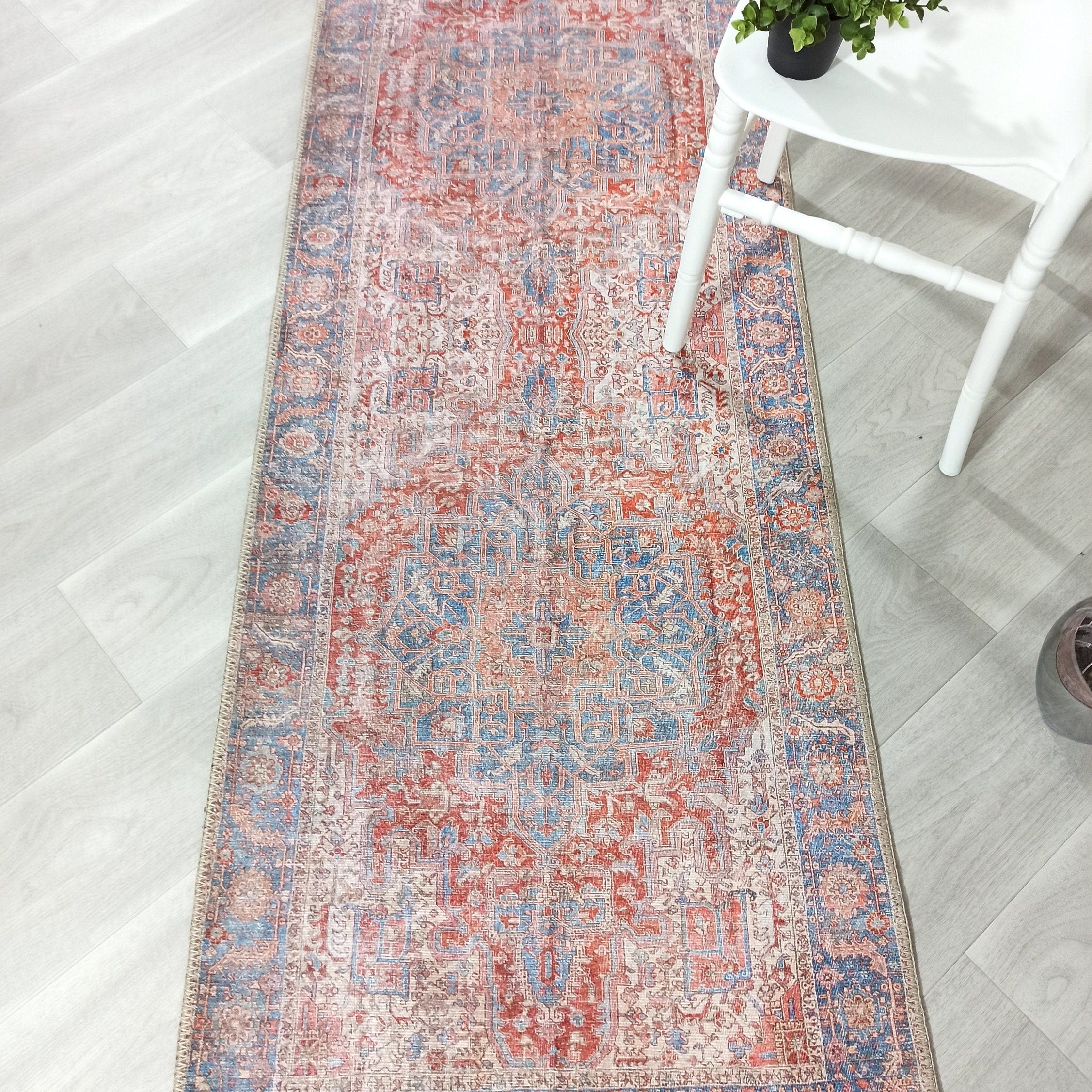 Valvia RugTurkish Terracotta Red Beige Sky Blue Rug