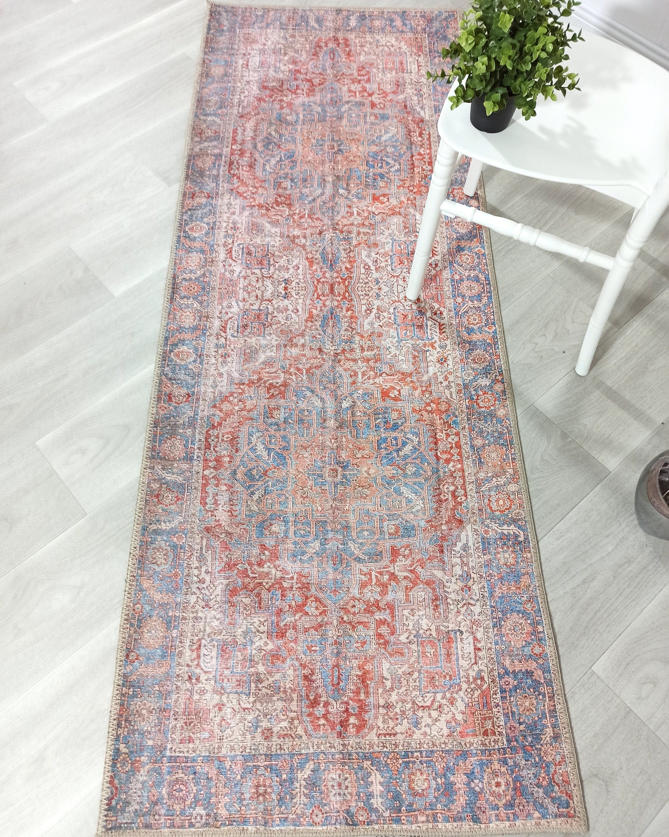 Valvia RugTurkish Terracotta Red Beige Sky Blue Rug