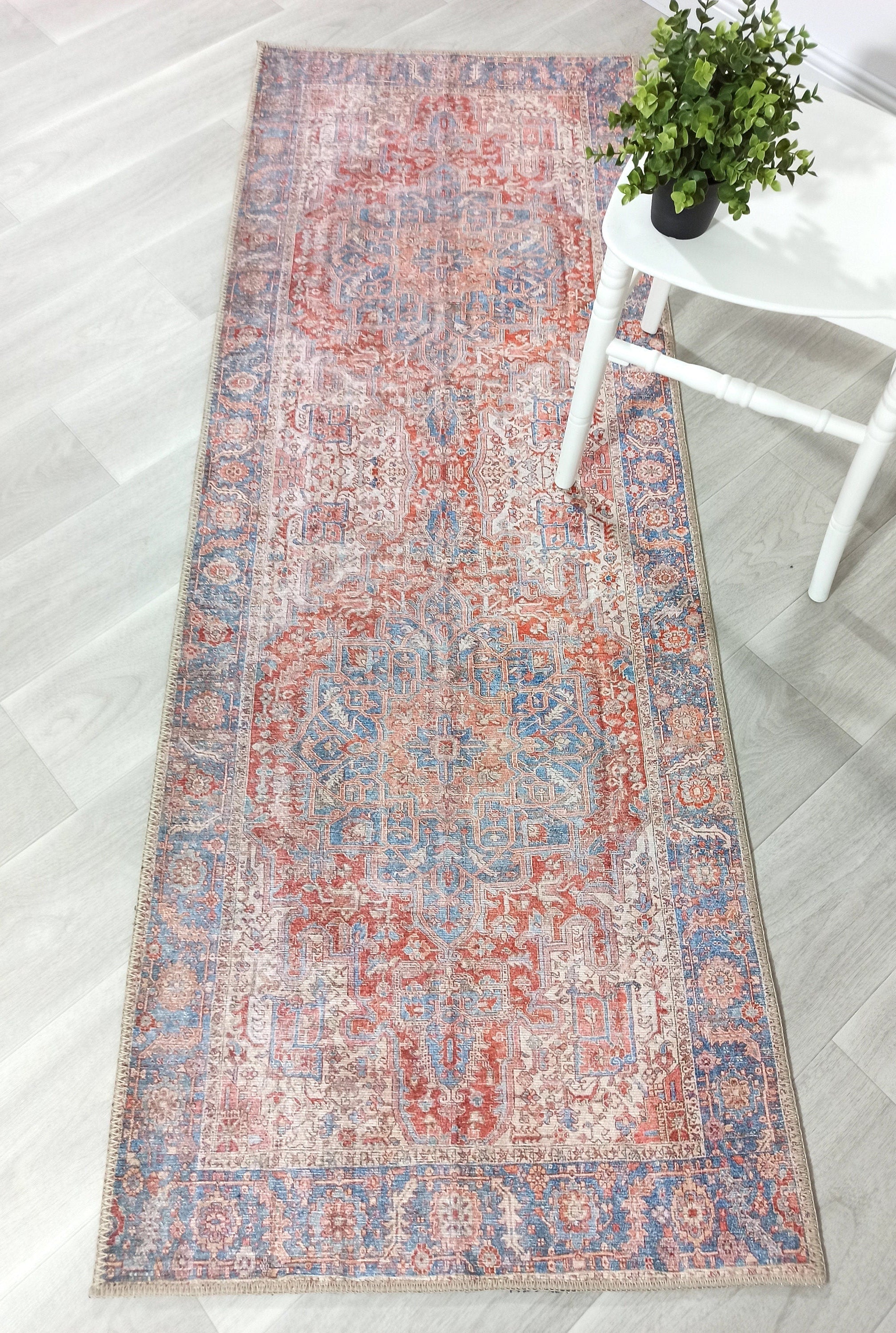 Valvia RugTurkish Terracotta Red Beige Sky Blue Rug