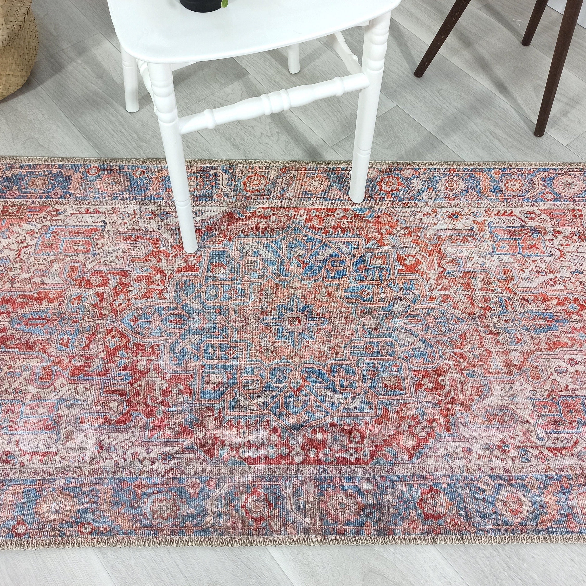 Valvia RugTurkish Terracotta Red Beige Sky Blue Rug