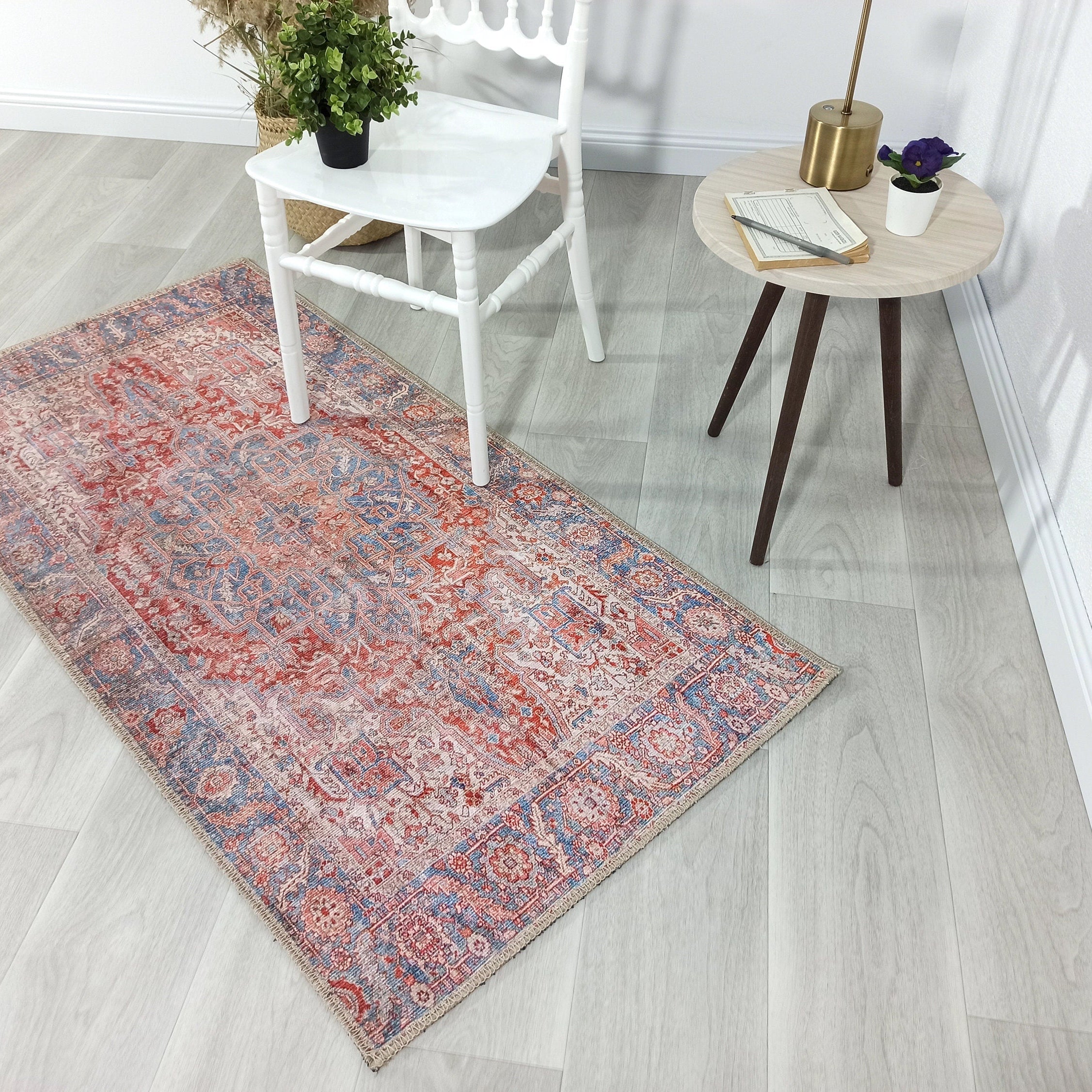 Valvia RugTurkish Terracotta Red Beige Sky Blue Rug