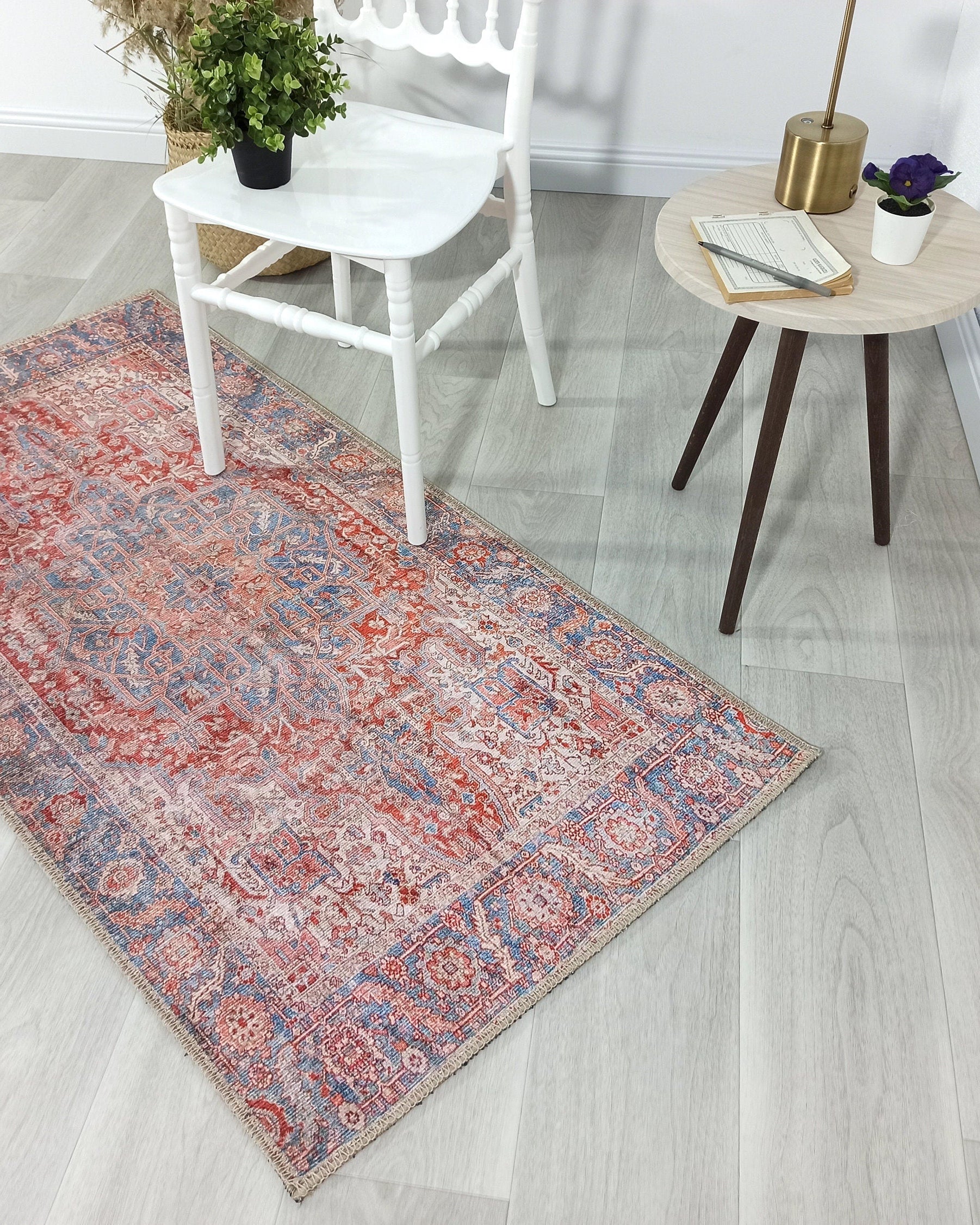 Valvia RugTurkish Terracotta Red Beige Sky Blue Rug