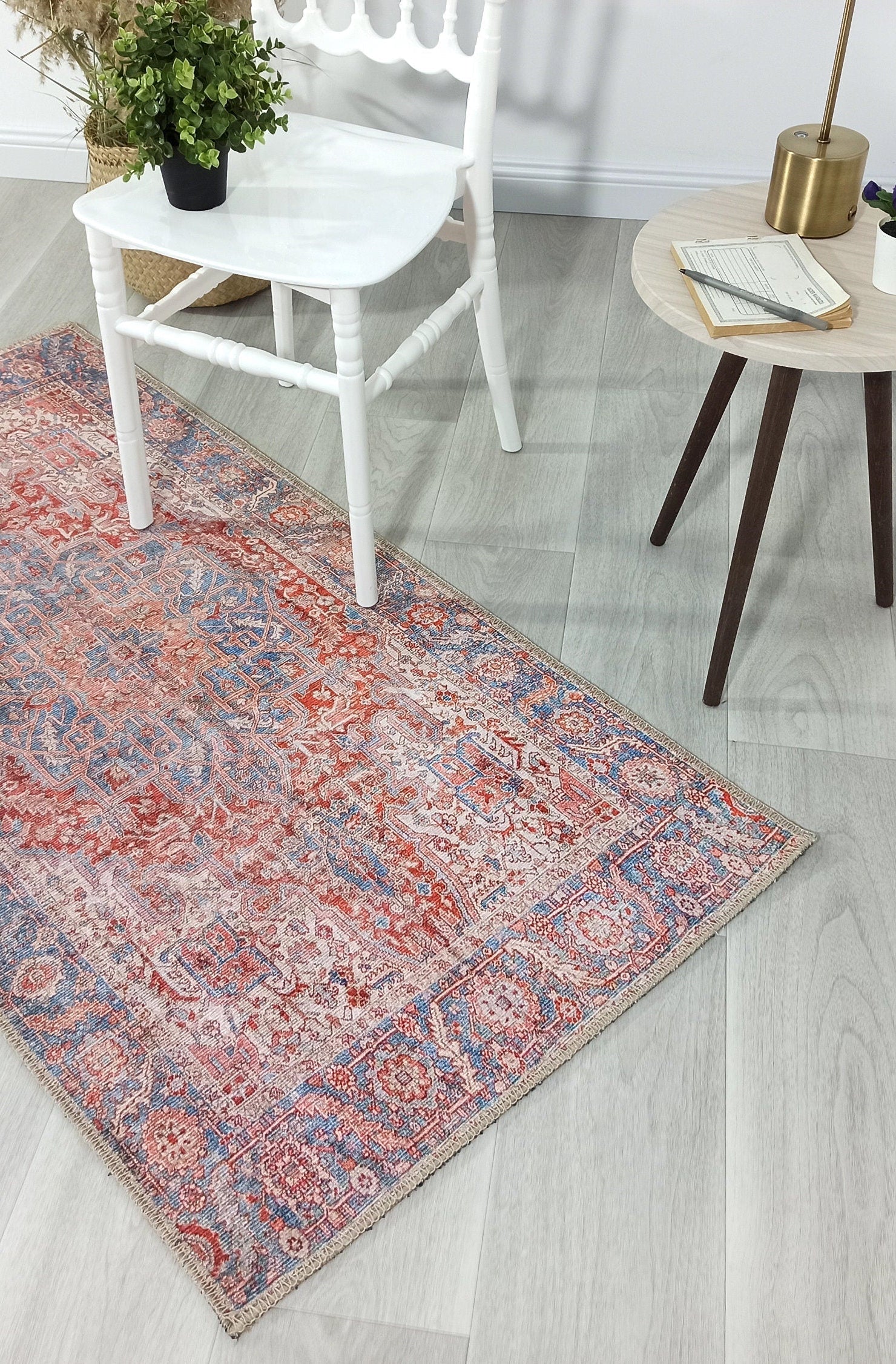 Valvia RugTurkish Terracotta Red Beige Sky Blue Rug
