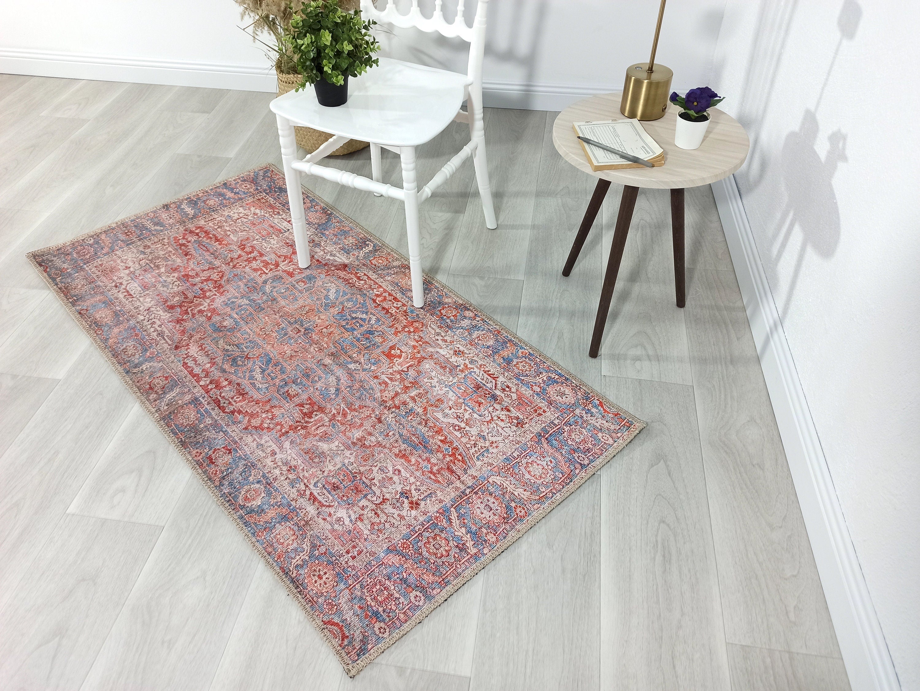 Valvia RugTurkish Terracotta Red Beige Sky Blue Rug
