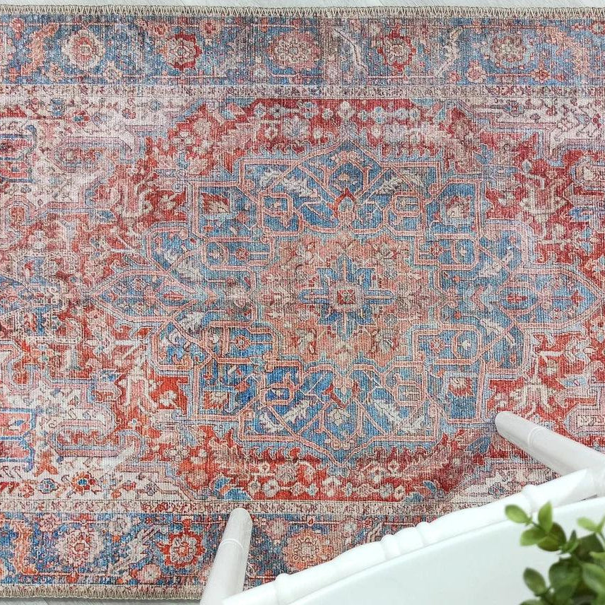 Valvia RugTurkish Terracotta Red Beige Sky Blue Rug