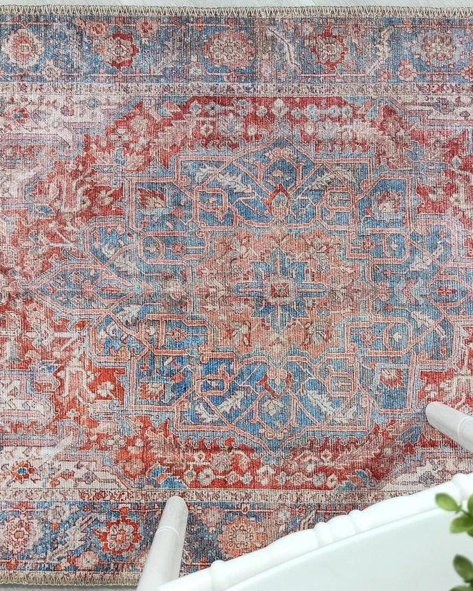 Valvia RugTurkish Terracotta Red Beige Sky Blue Rug
