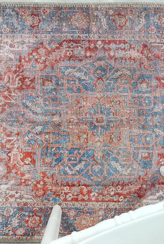 Valvia RugTurkish Terracotta Red Beige Sky Blue Rug