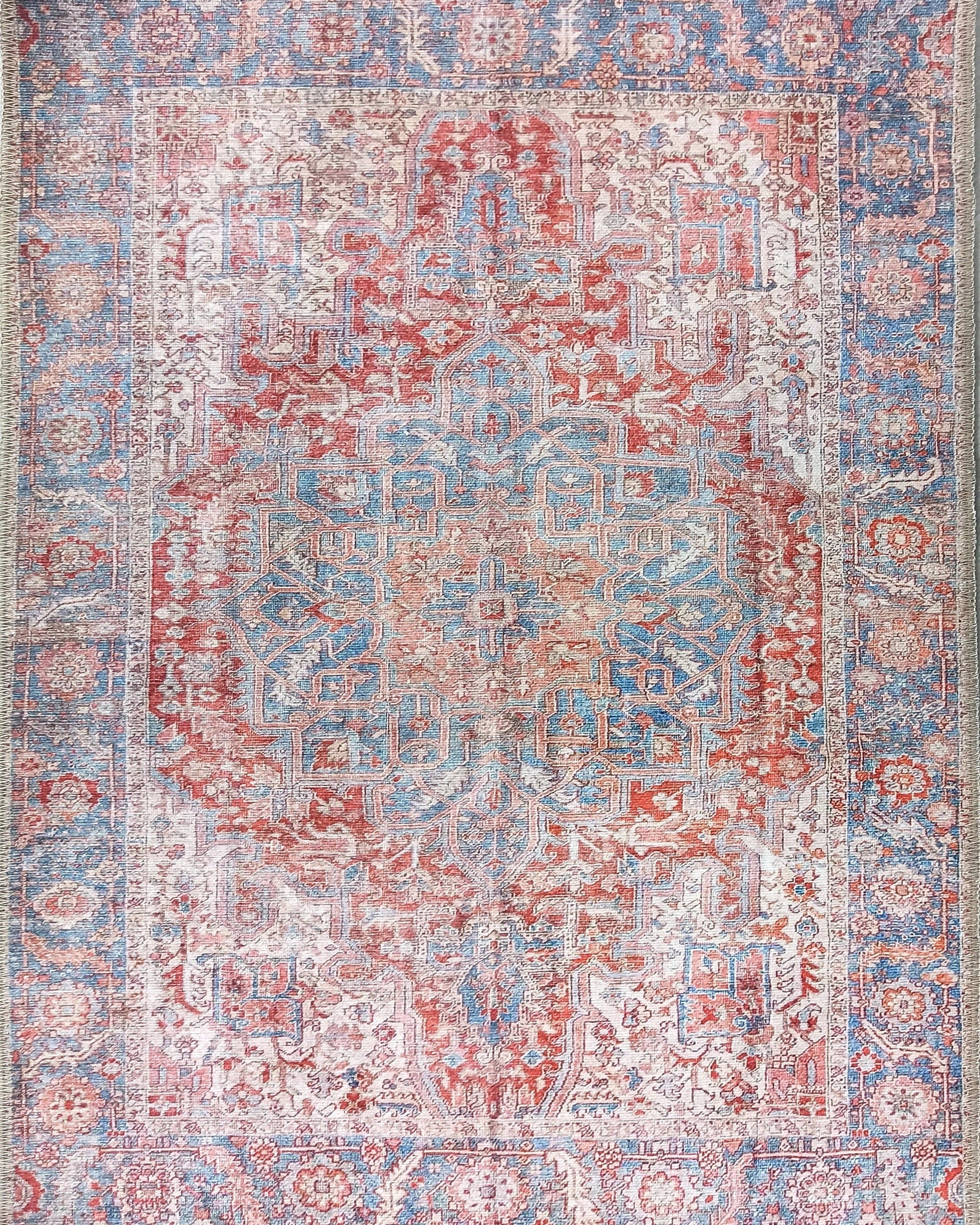 Valvia RugTurkish Terracotta Red Beige Sky Blue Rug