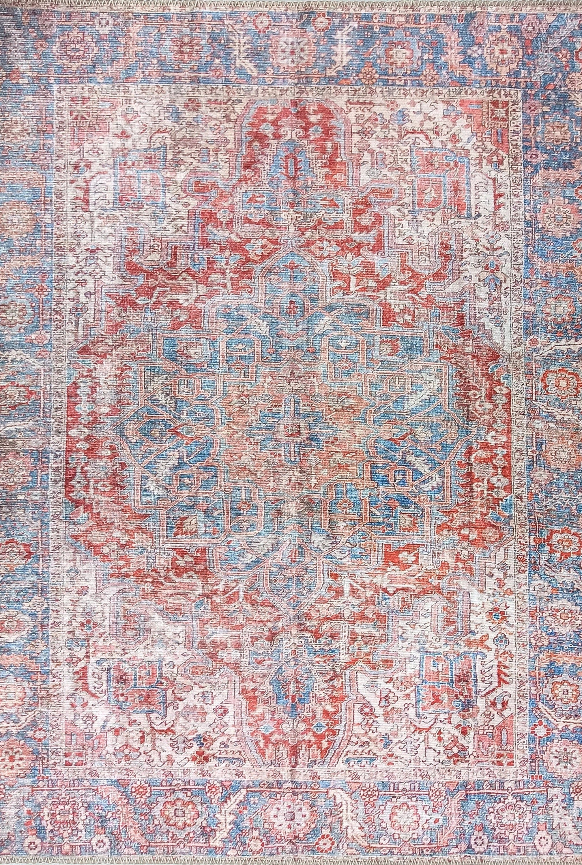 Valvia RugTurkish Terracotta Red Beige Sky Blue Rug