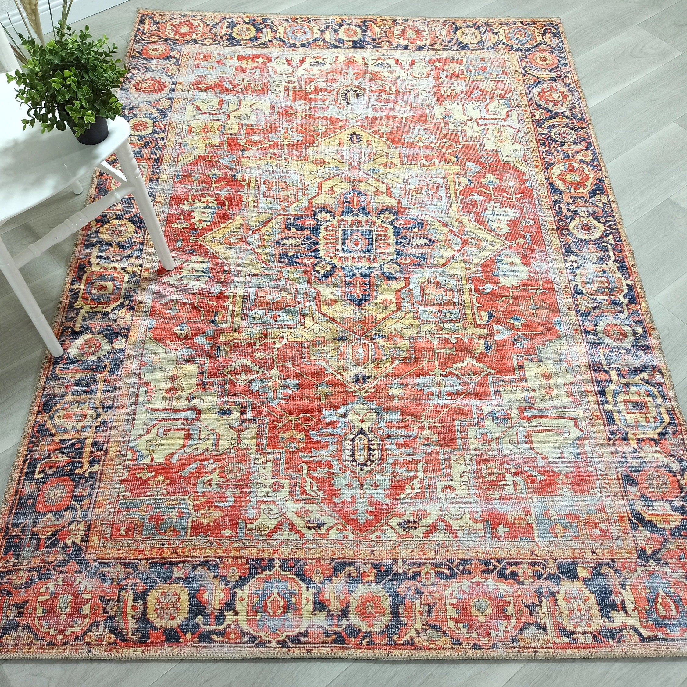 Karine Yellow Burnt Orange Distressed Vintage Persian Rug