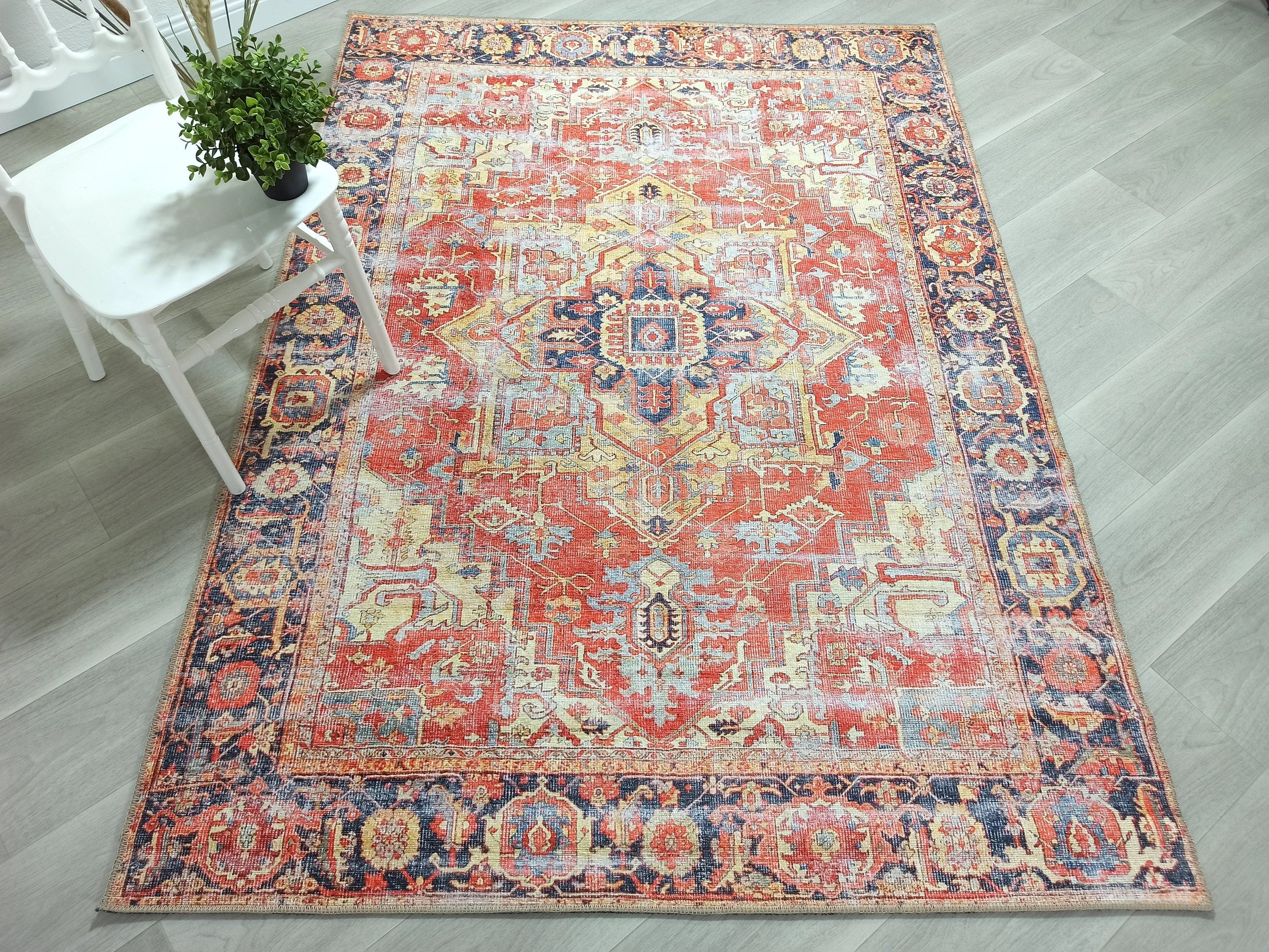 Karine Yellow Burnt Orange Distressed Vintage Persian Rug