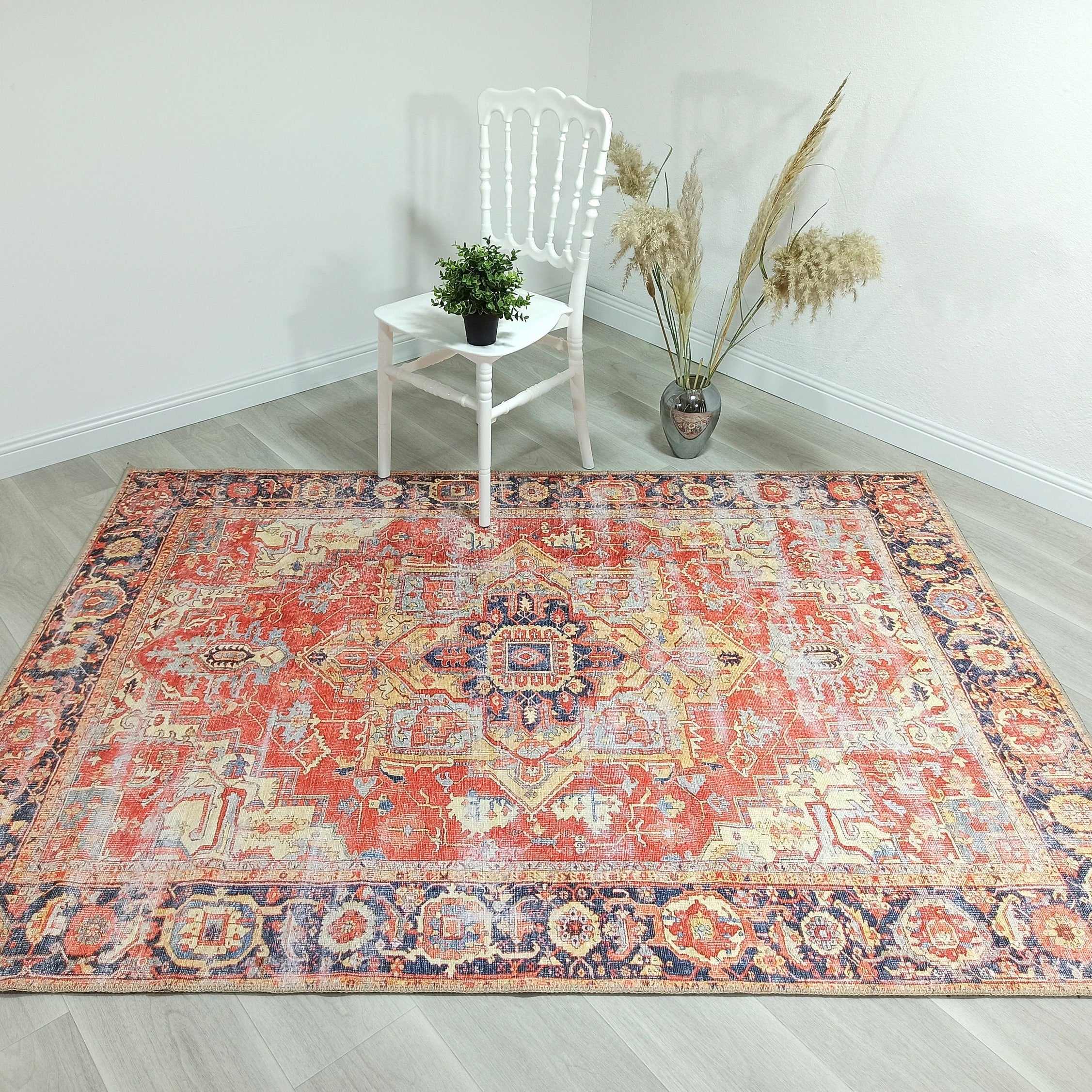 Karine Yellow Burnt Orange Distressed Vintage Persian Rug