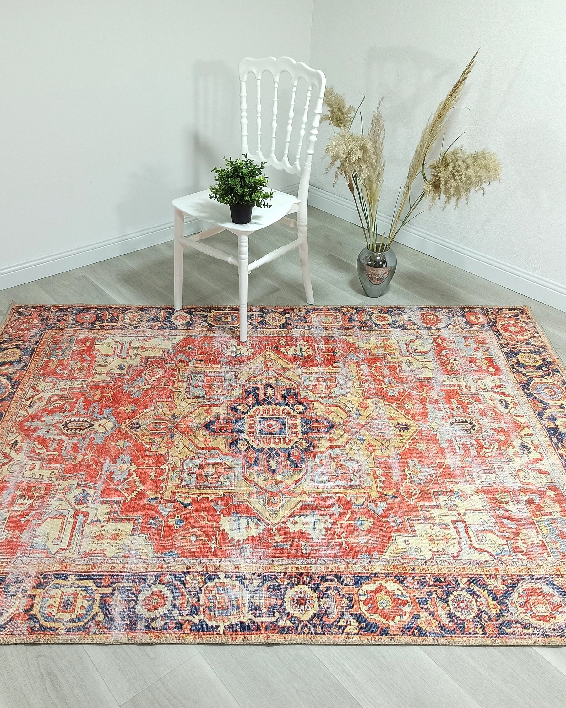 Karine Yellow Burnt Orange Distressed Vintage Persian Rug