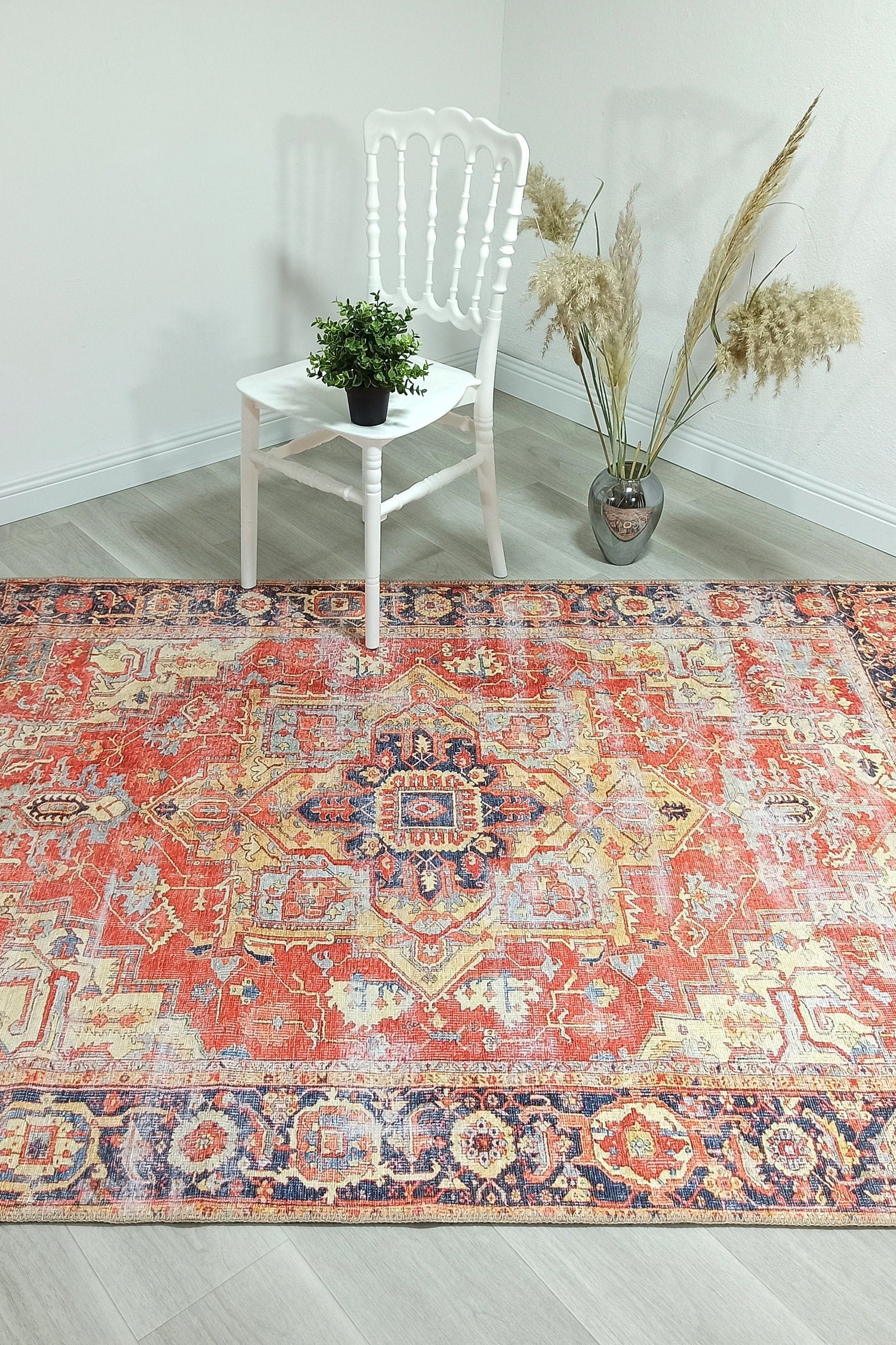 Karine Yellow Burnt Orange Distressed Vintage Persian Rug