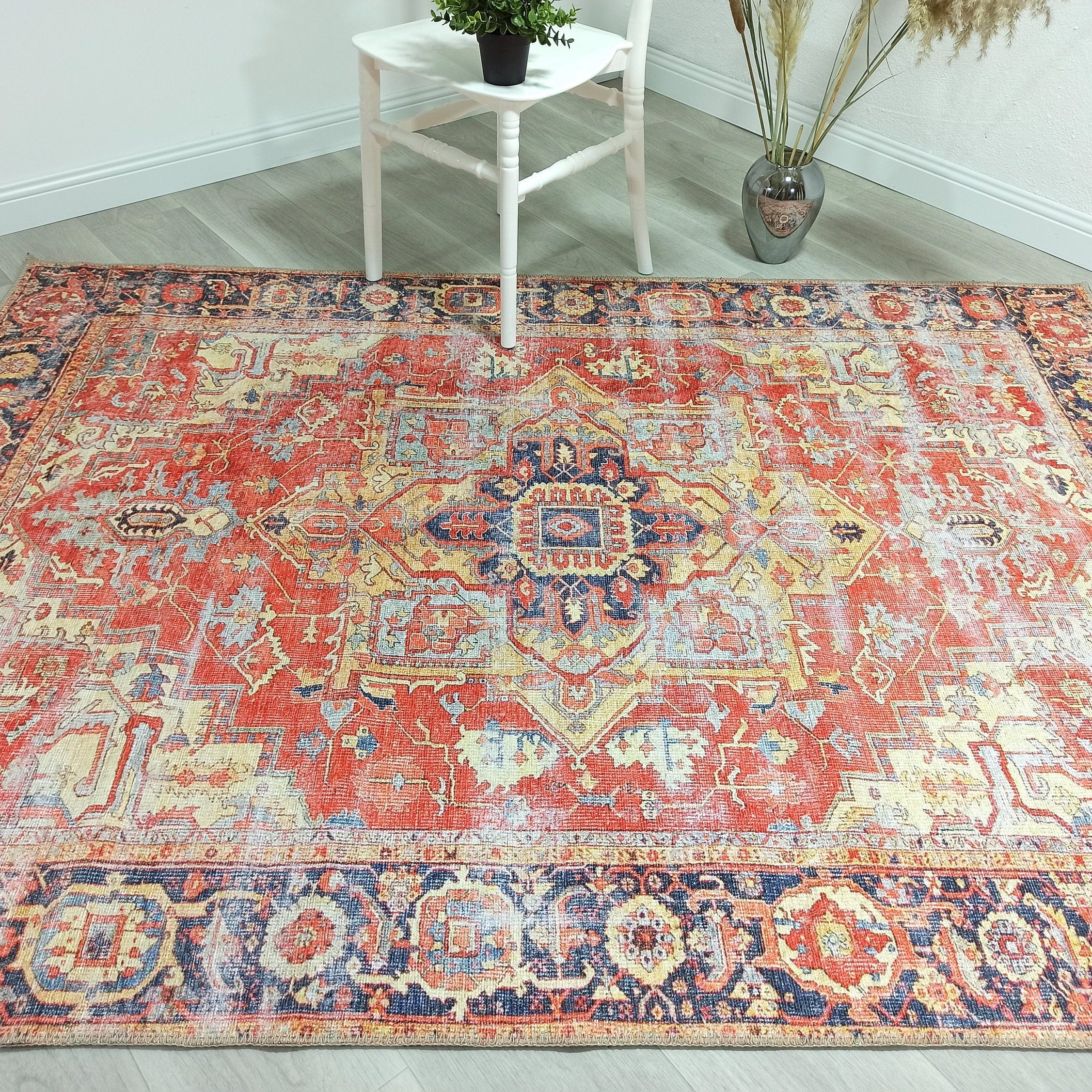 Karine Yellow Burnt Orange Distressed Vintage Persian Rug