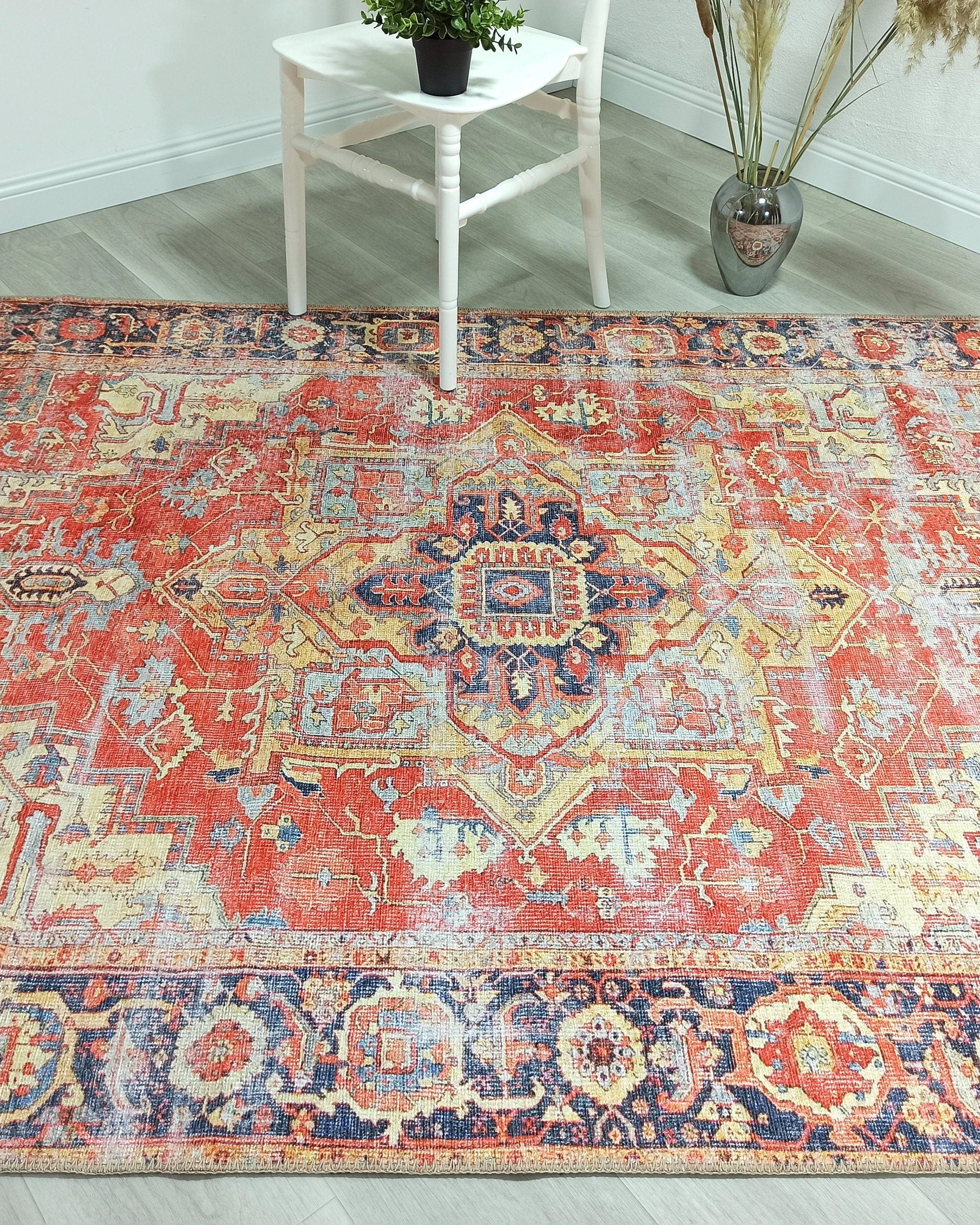Karine Yellow Burnt Orange Distressed Vintage Persian Rug