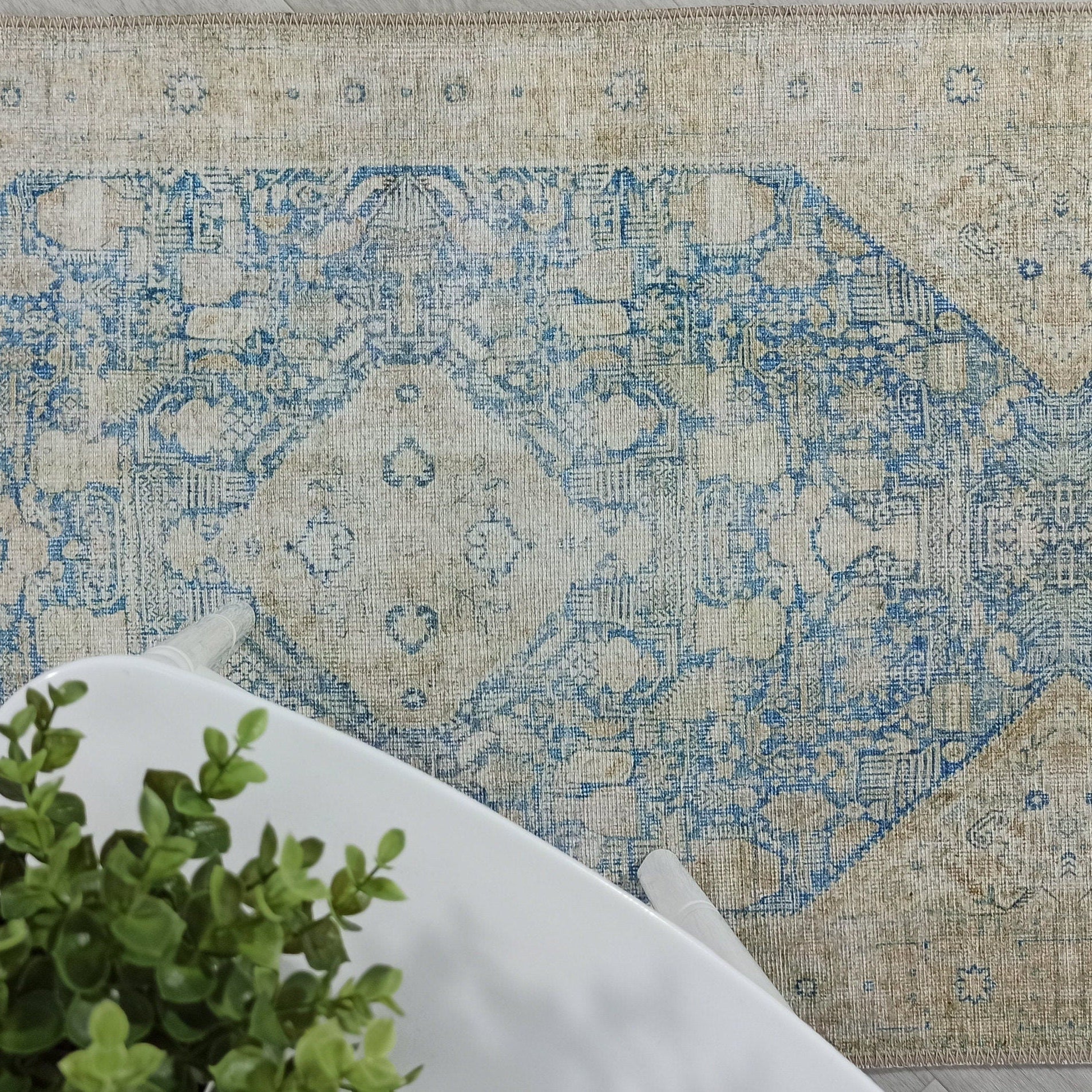 Vova Rug Neutral Turkish Beige Green Faded Blue Medallion Rug