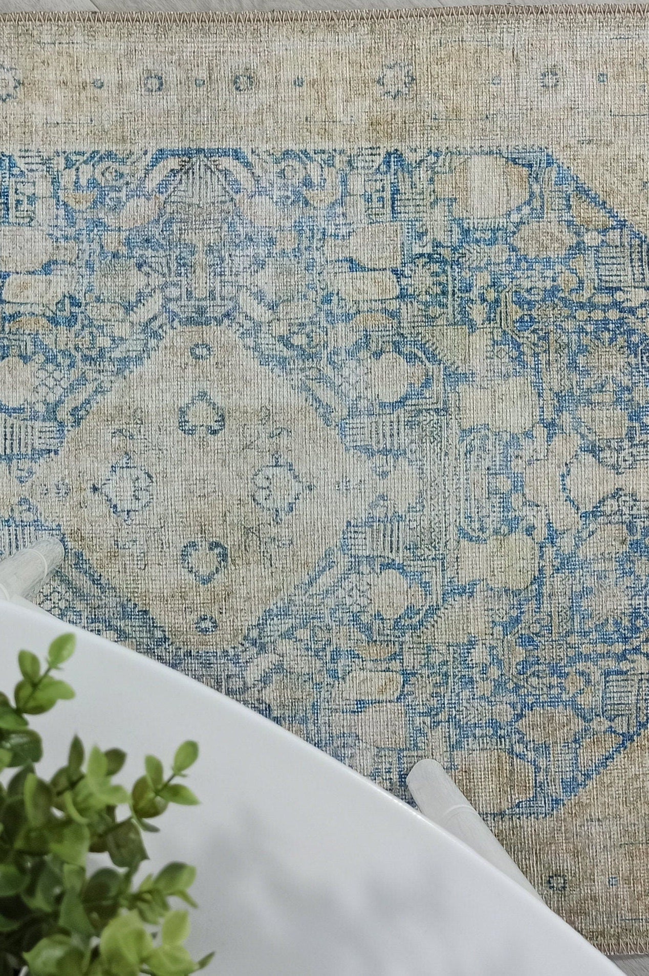 Vova Rug Neutral Turkish Beige Green Faded Blue Medallion Rug