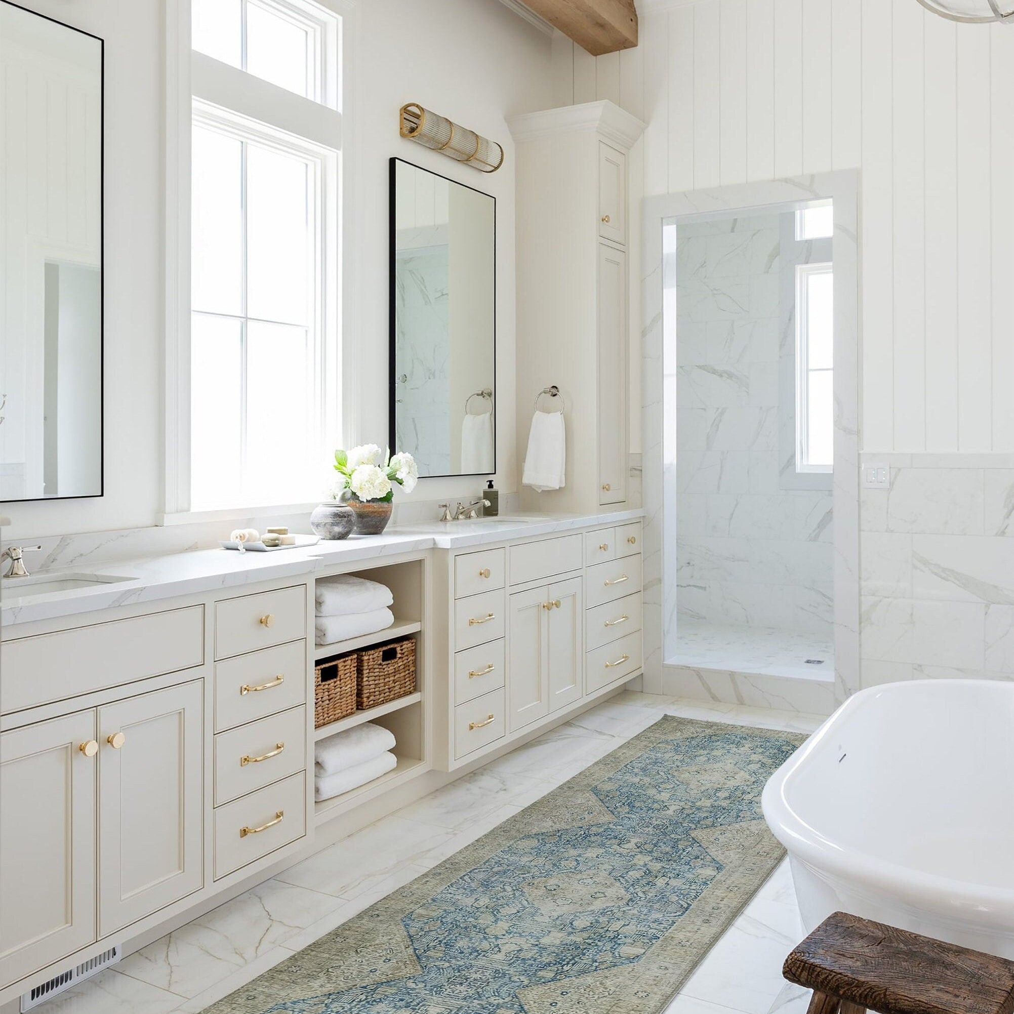 Vova Rug Neutral Turkish Beige Green Faded Blue Medallion Rug