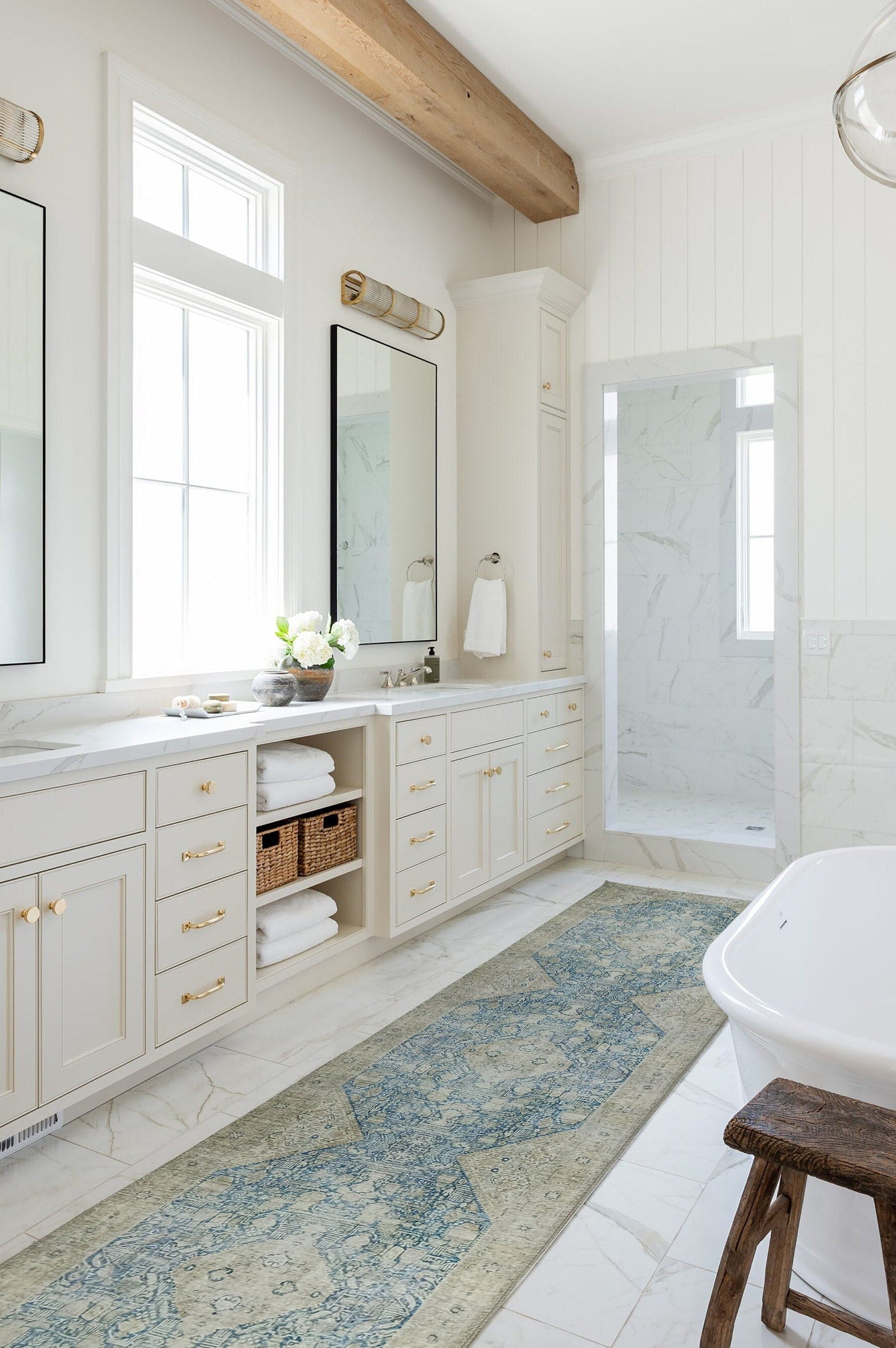 Vova Rug Neutral Turkish Beige Green Faded Blue Medallion Rug