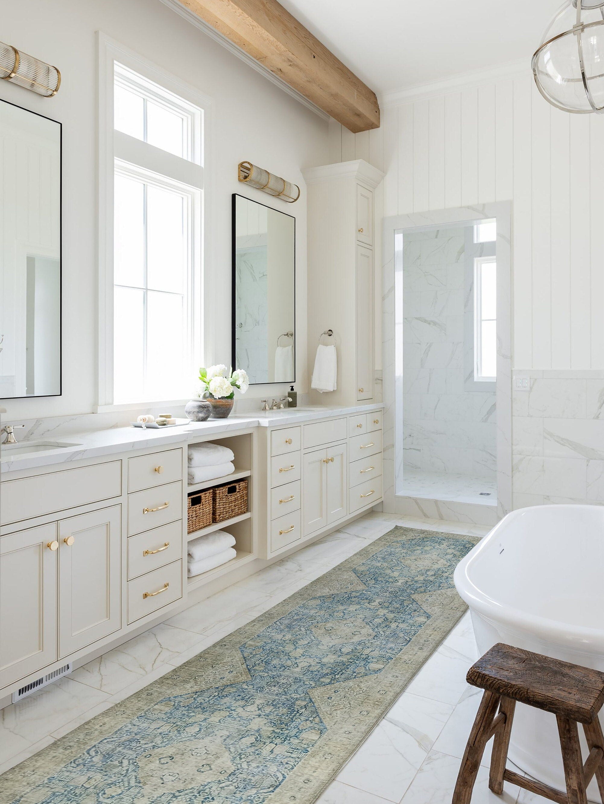 Vova Rug Neutral Turkish Beige Green Faded Blue Medallion Rug