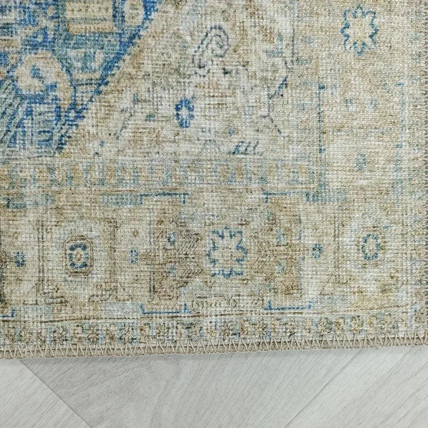 Vova Rug Neutral Turkish Beige Green Faded Blue Medallion Rug