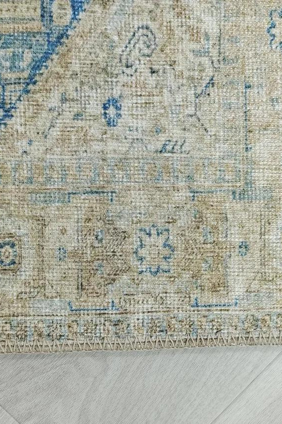 Vova Rug Neutral Turkish Beige Green Faded Blue Medallion Rug