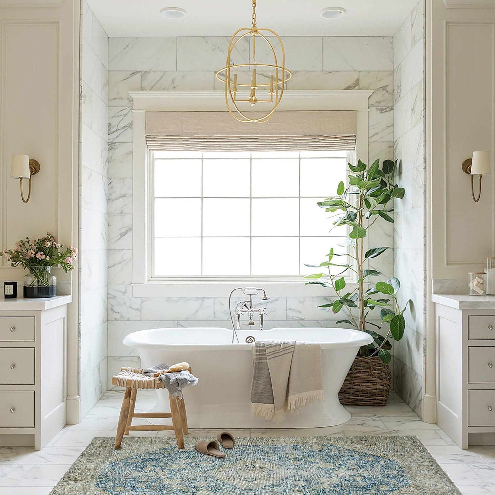 Vova Rug Neutral Turkish Beige Green Faded Blue Medallion Rug