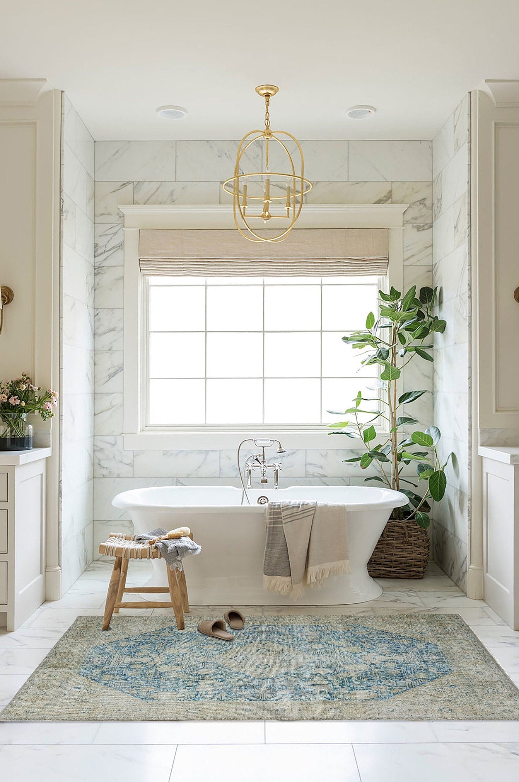 Vova Rug Neutral Turkish Beige Green Faded Blue Medallion Rug