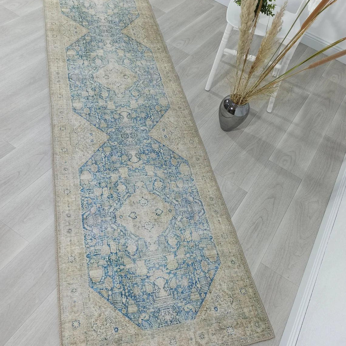 Vova Rug Neutral Turkish Beige Green Faded Blue Medallion Rug