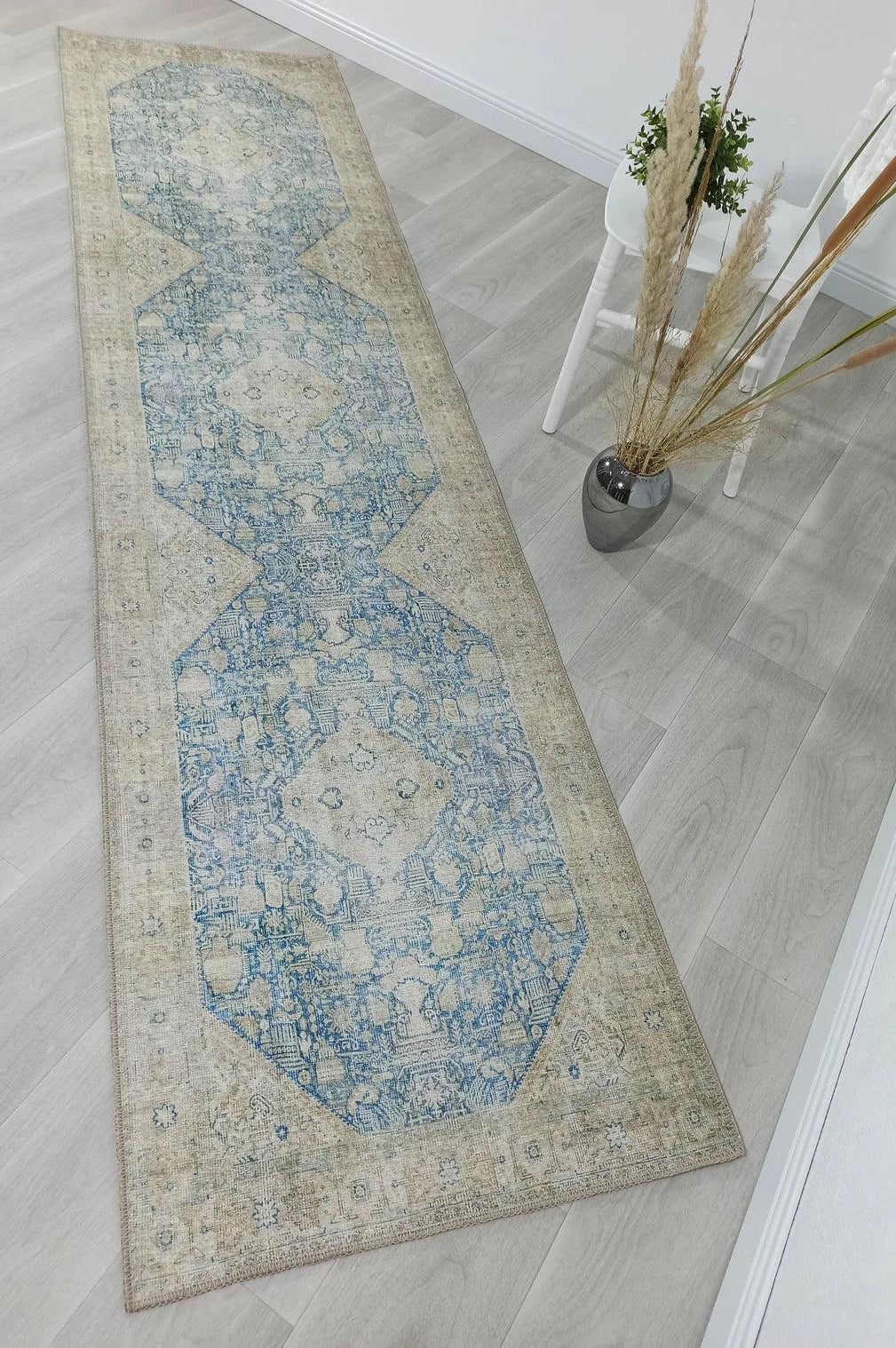Vova Rug Neutral Turkish Beige Green Faded Blue Medallion Rug