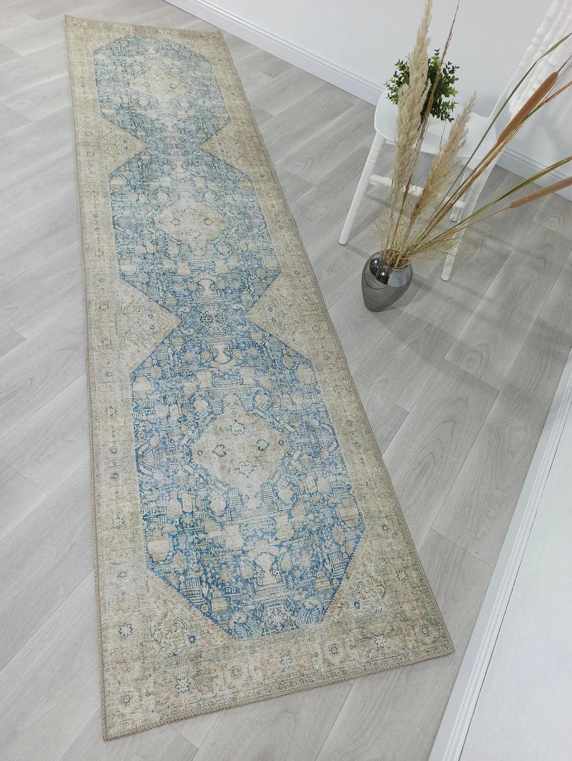 Vova Rug Neutral Turkish Beige Green Faded Blue Medallion Rug