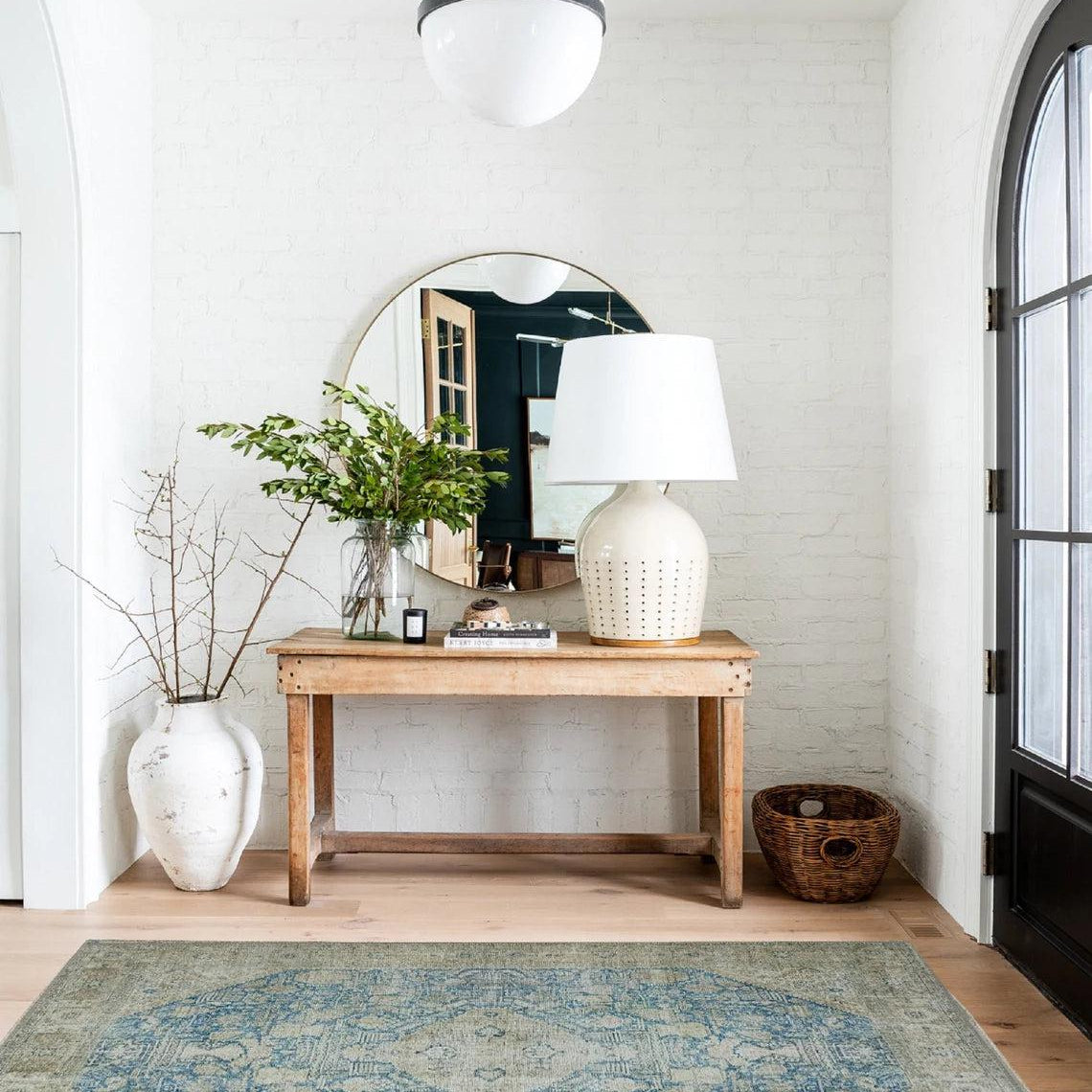 Vova Rug Neutral Turkish Beige Green Faded Blue Medallion Rug