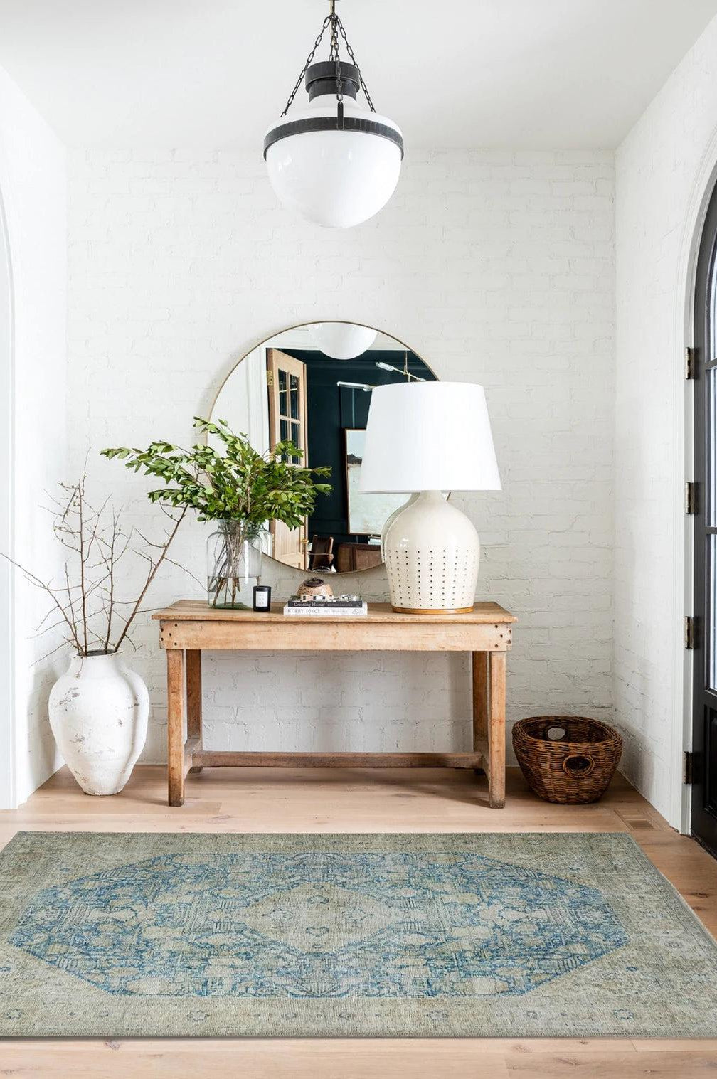 Vova Rug Neutral Turkish Beige Green Faded Blue Medallion Rug