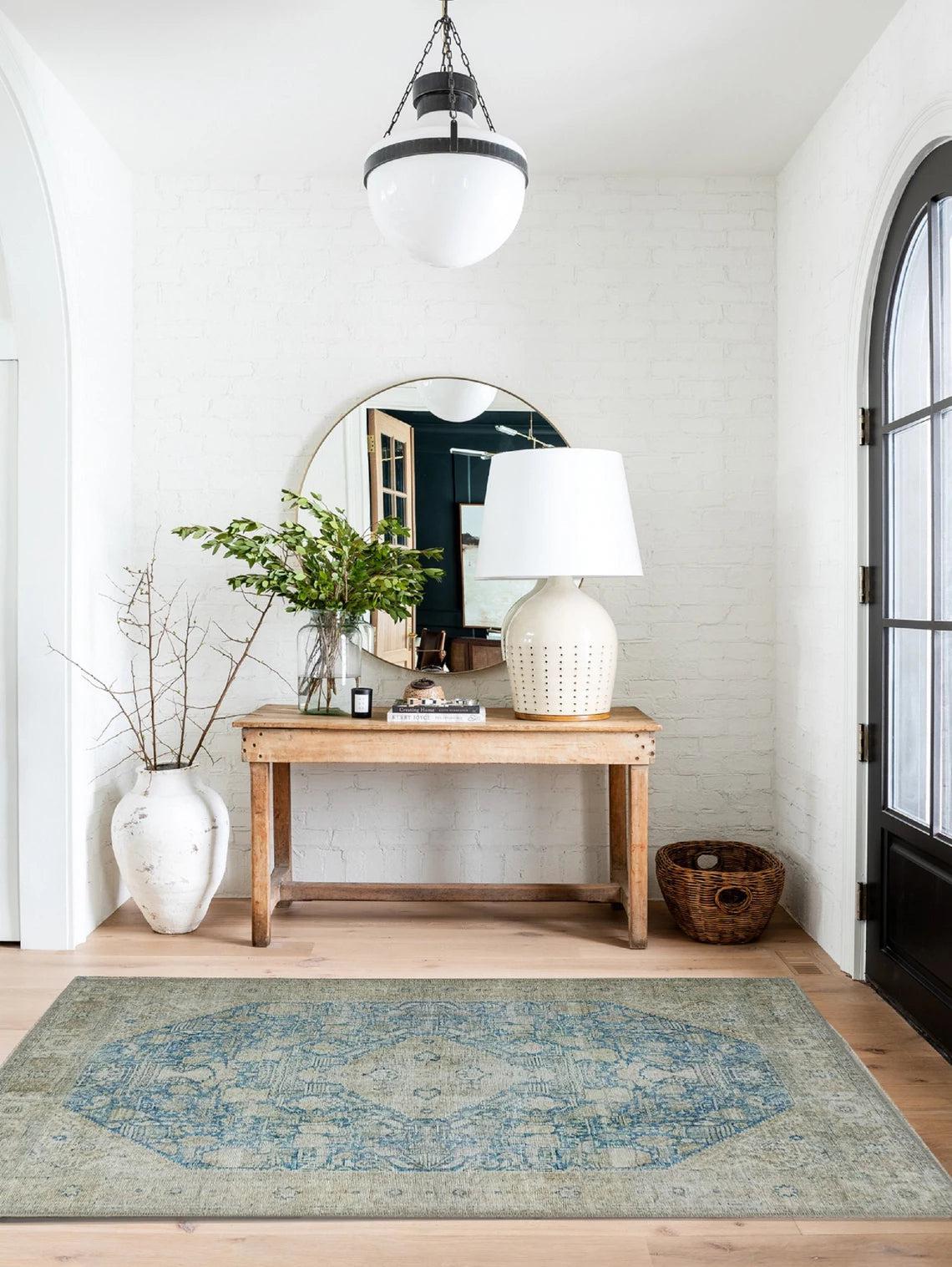 Vova Rug Neutral Turkish Beige Green Faded Blue Medallion Rug