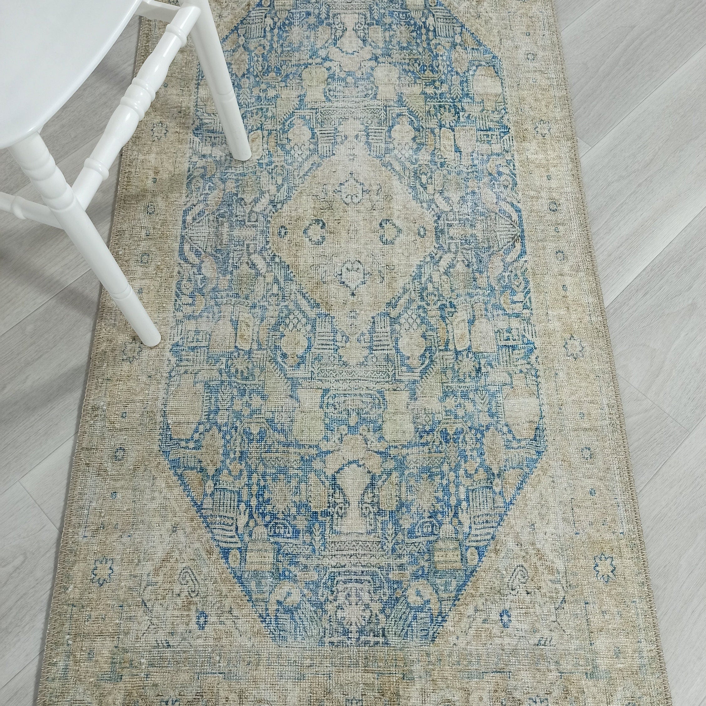 Vova Rug Neutral Turkish Beige Green Faded Blue Medallion Rug