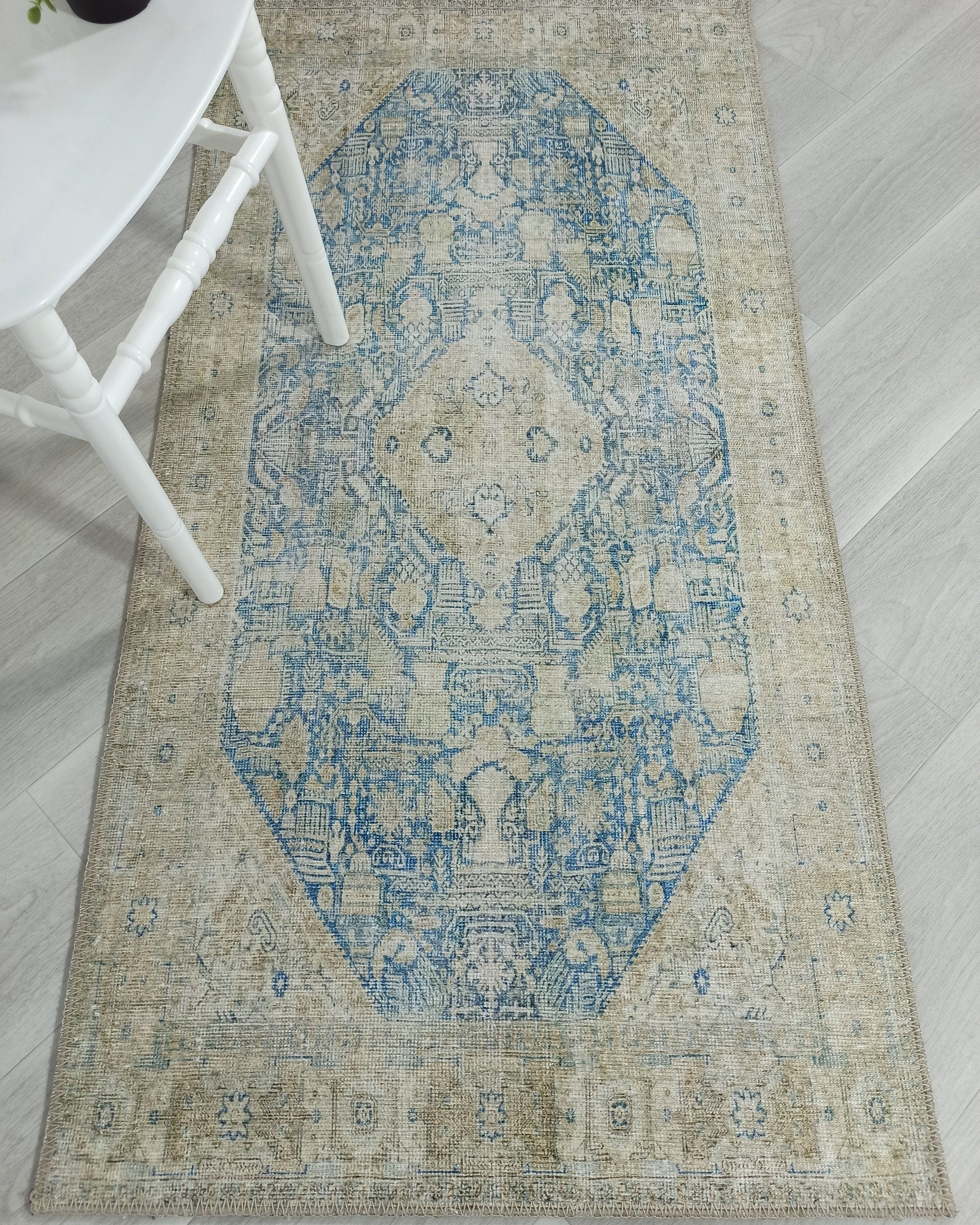 Vova Rug Neutral Turkish Beige Green Faded Blue Medallion Rug