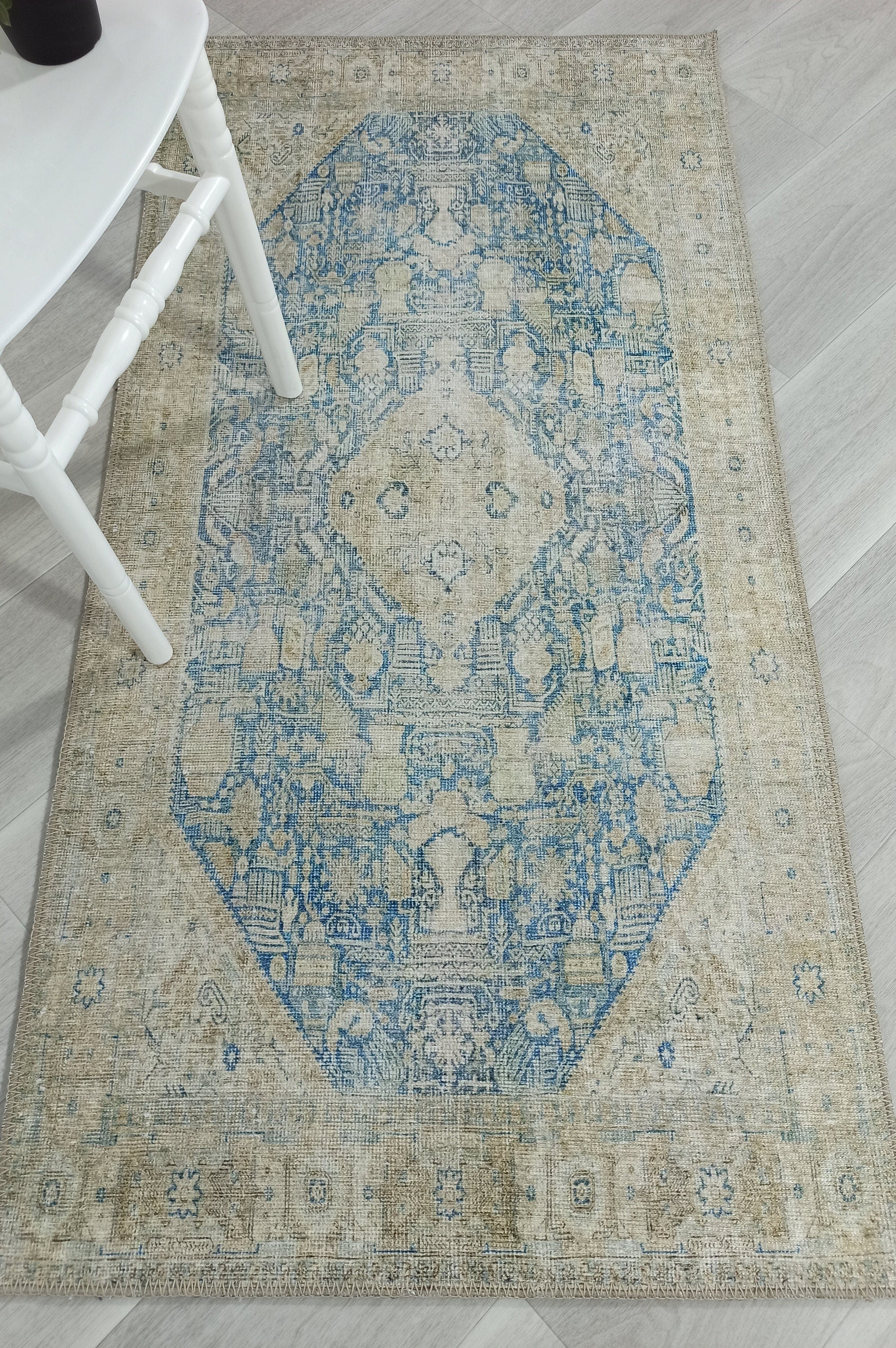 Vova Rug Neutral Turkish Beige Green Faded Blue Medallion Rug