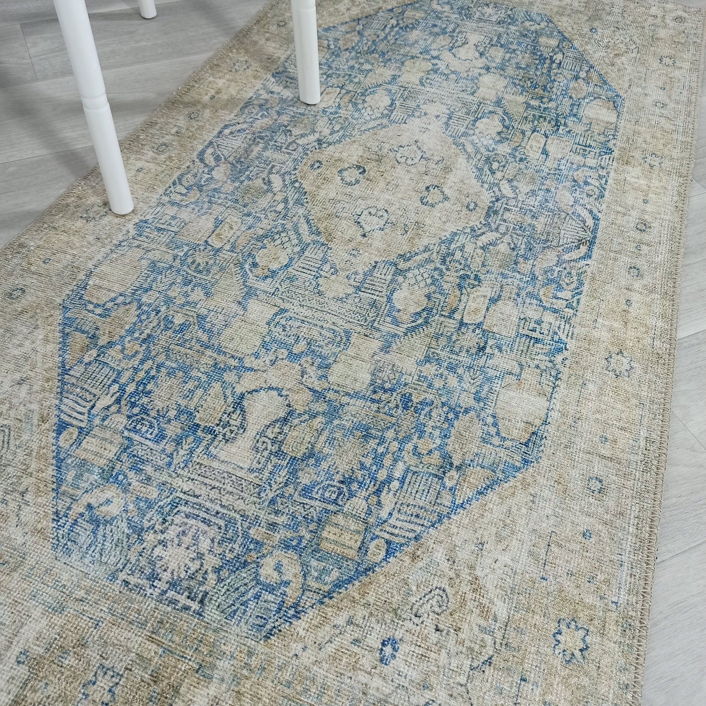 Vova Rug Neutral Turkish Beige Green Faded Blue Medallion Rug