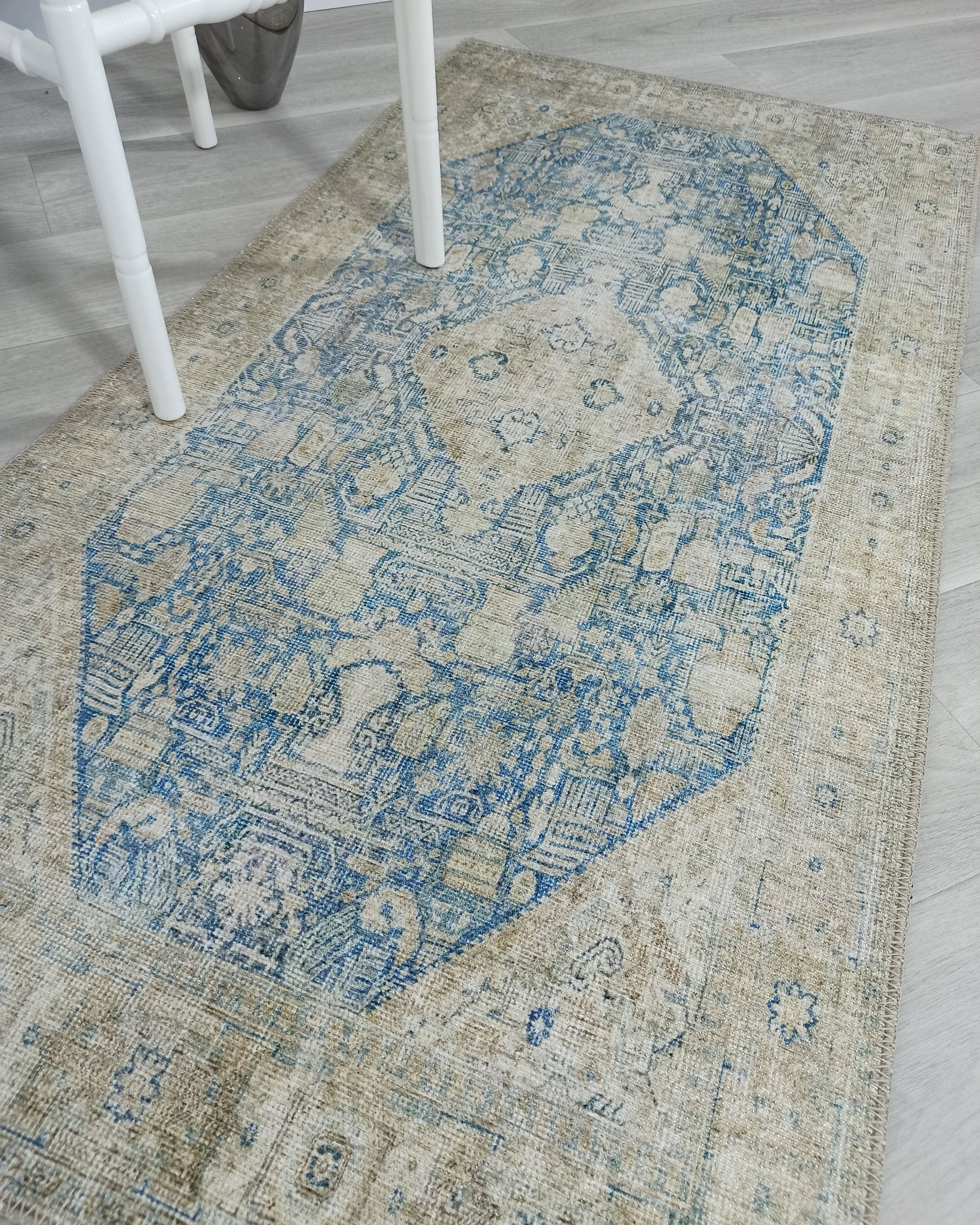 Vova Rug Neutral Turkish Beige Green Faded Blue Medallion Rug