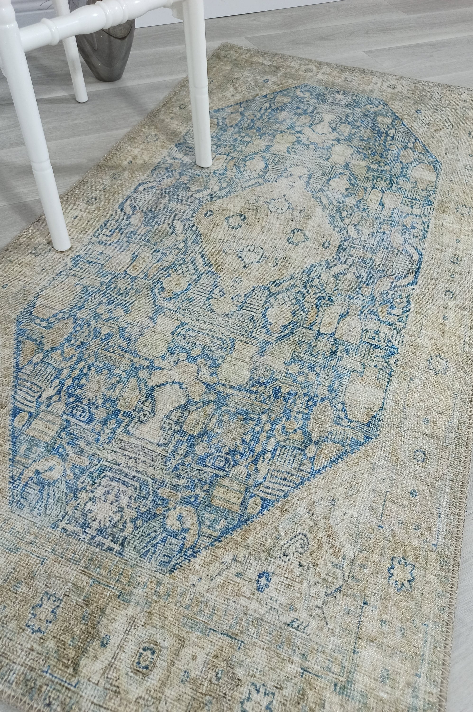 Vova Rug Neutral Turkish Beige Green Faded Blue Medallion Rug