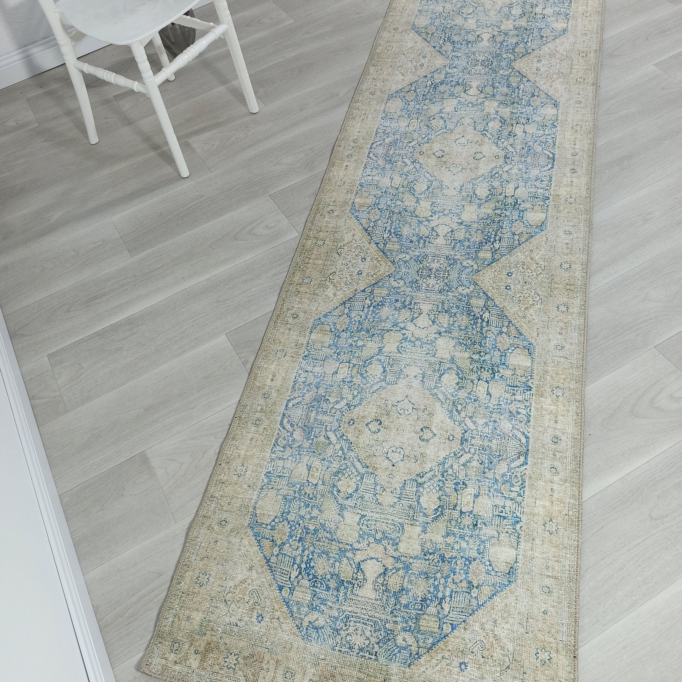 Vova Rug Neutral Turkish Beige Green Faded Blue Medallion Rug