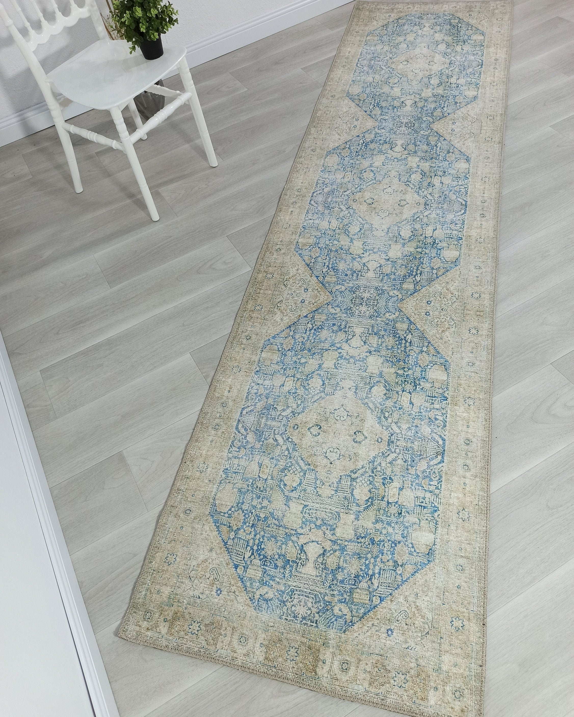 Vova Rug Neutral Turkish Beige Green Faded Blue Medallion Rug