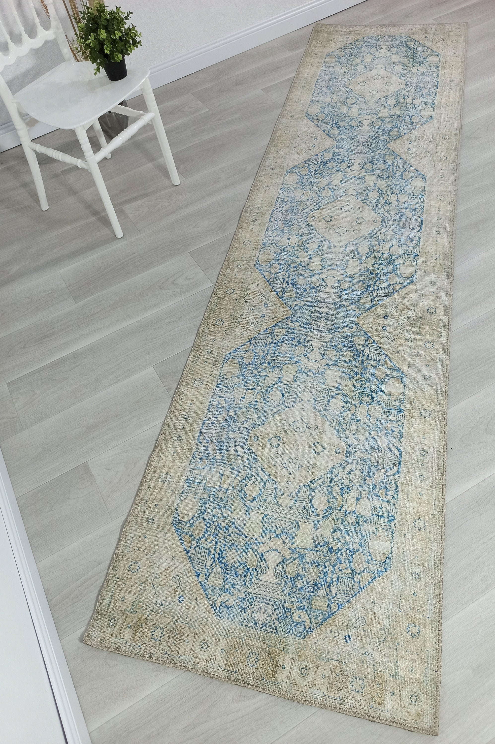 Vova Rug Neutral Turkish Beige Green Faded Blue Medallion Rug