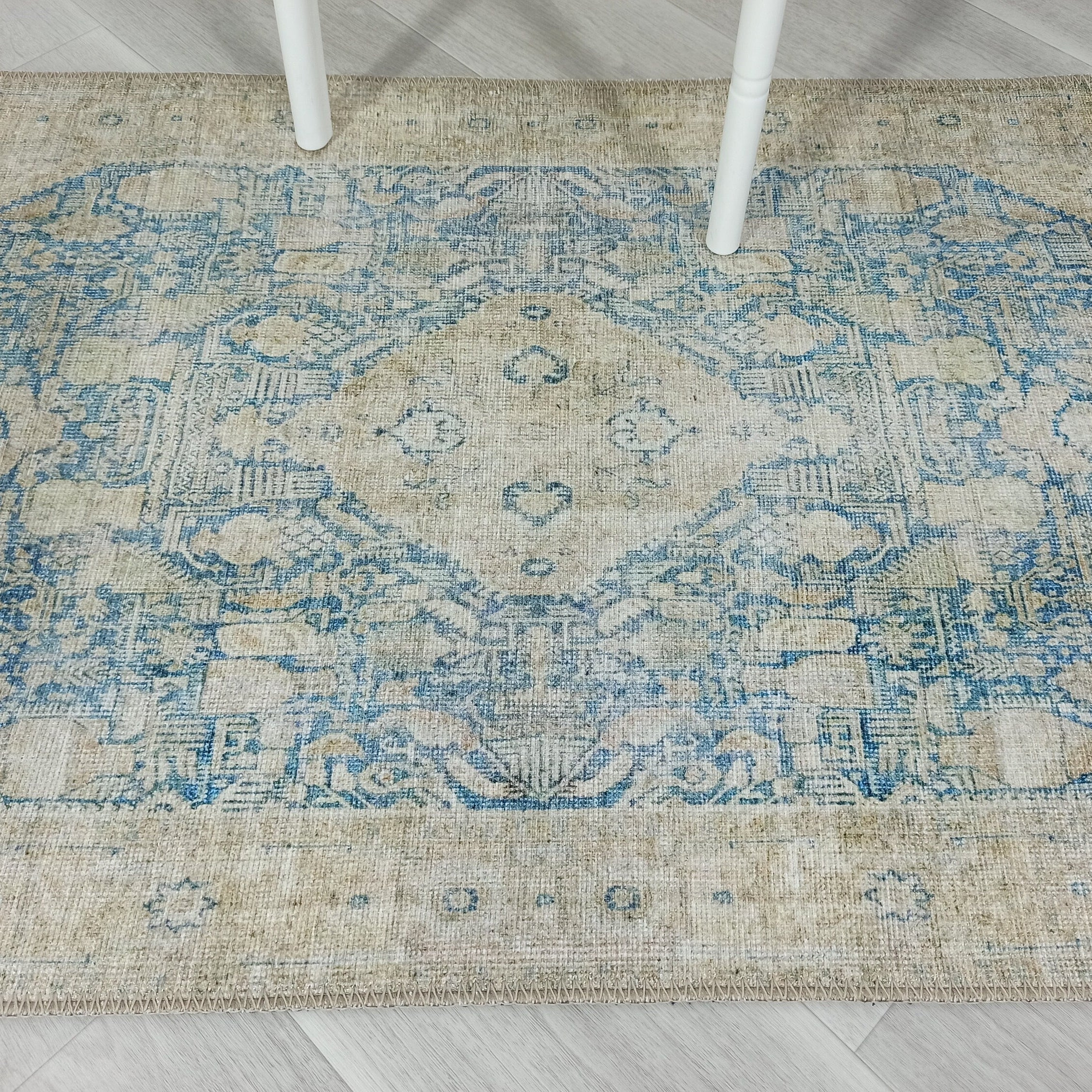 Vova Rug Neutral Turkish Beige Green Faded Blue Medallion Rug
