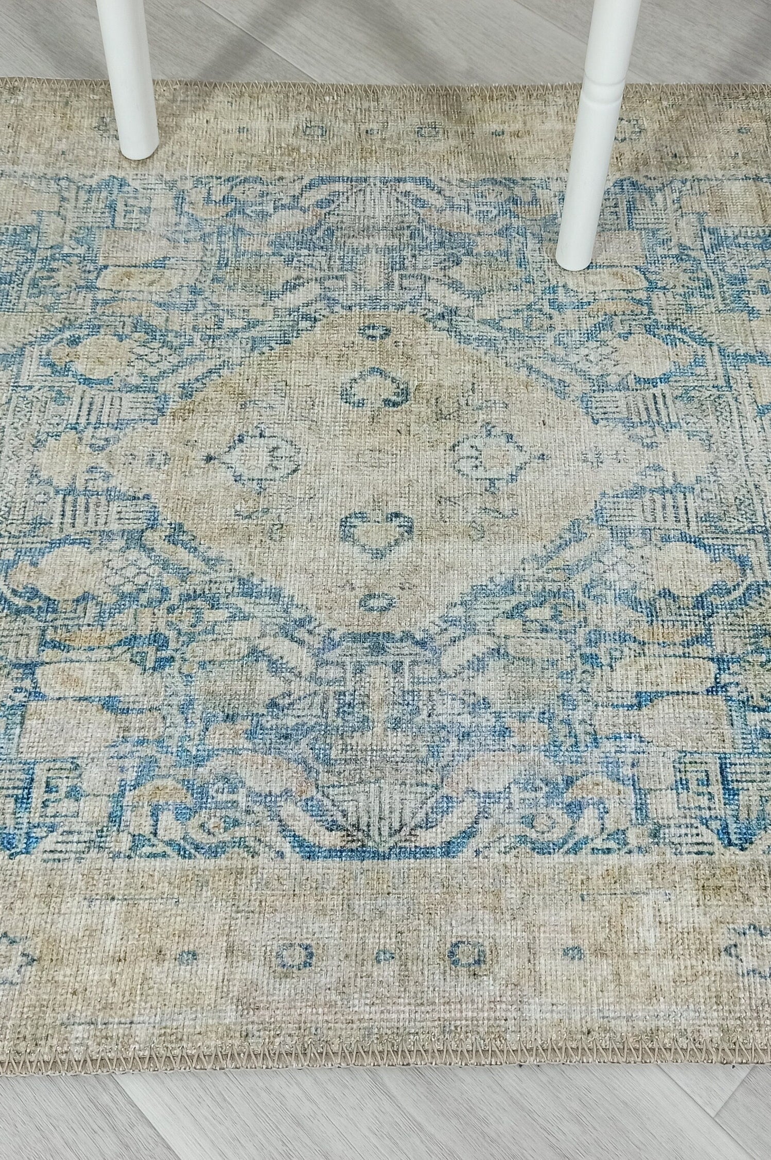 Vova Rug Neutral Turkish Beige Green Faded Blue Medallion Rug