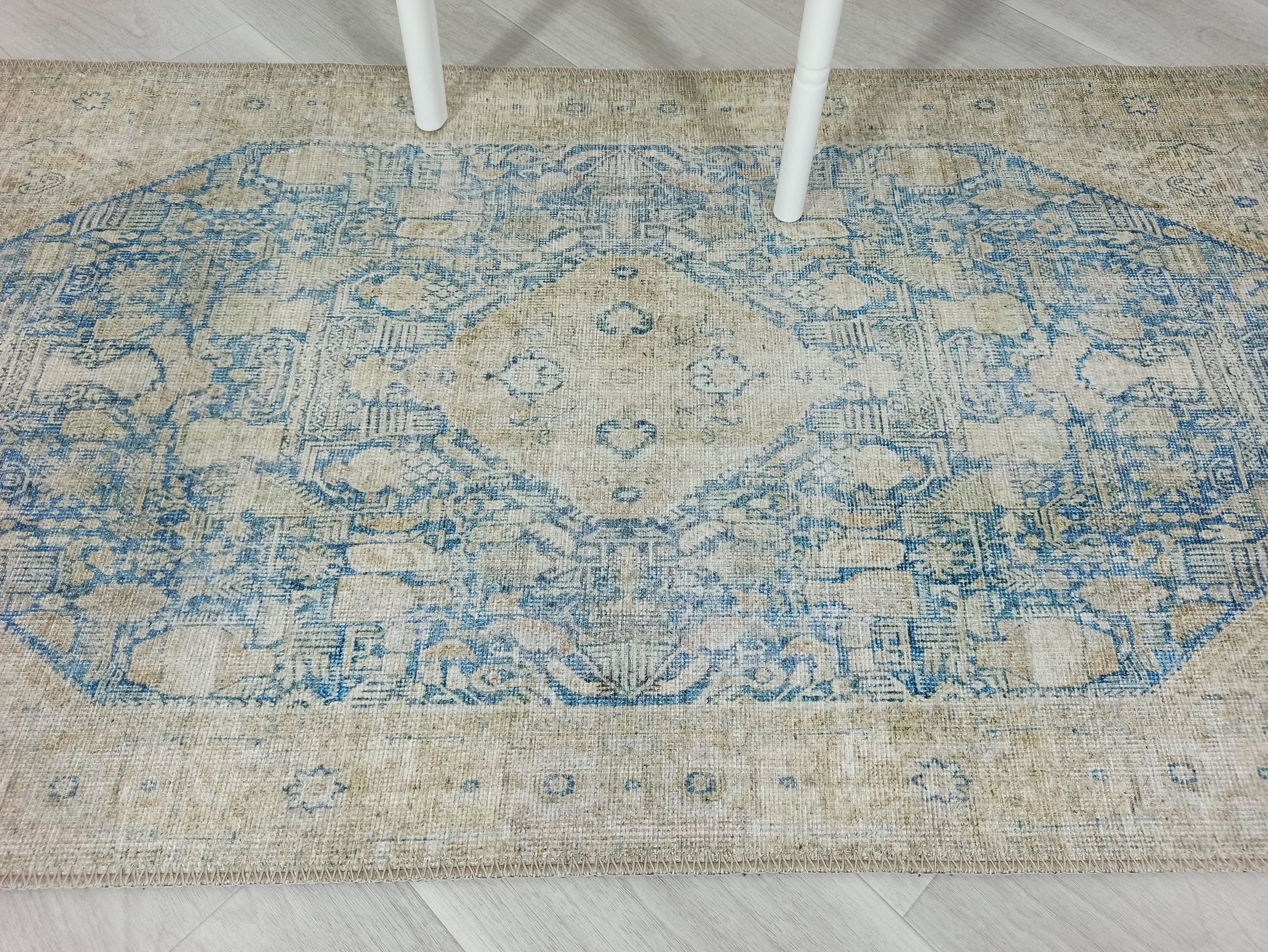 Vova Rug Neutral Turkish Beige Green Faded Blue Medallion Rug