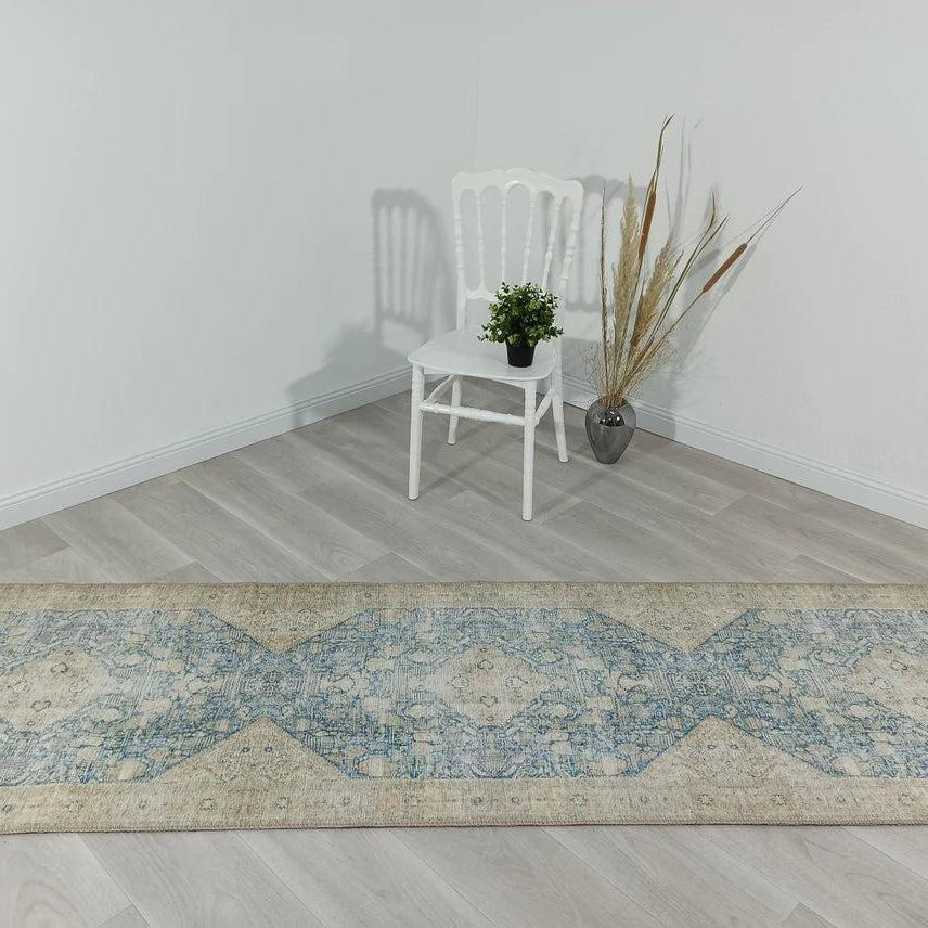Vova Rug Neutral Turkish Beige Green Faded Blue Medallion Rug
